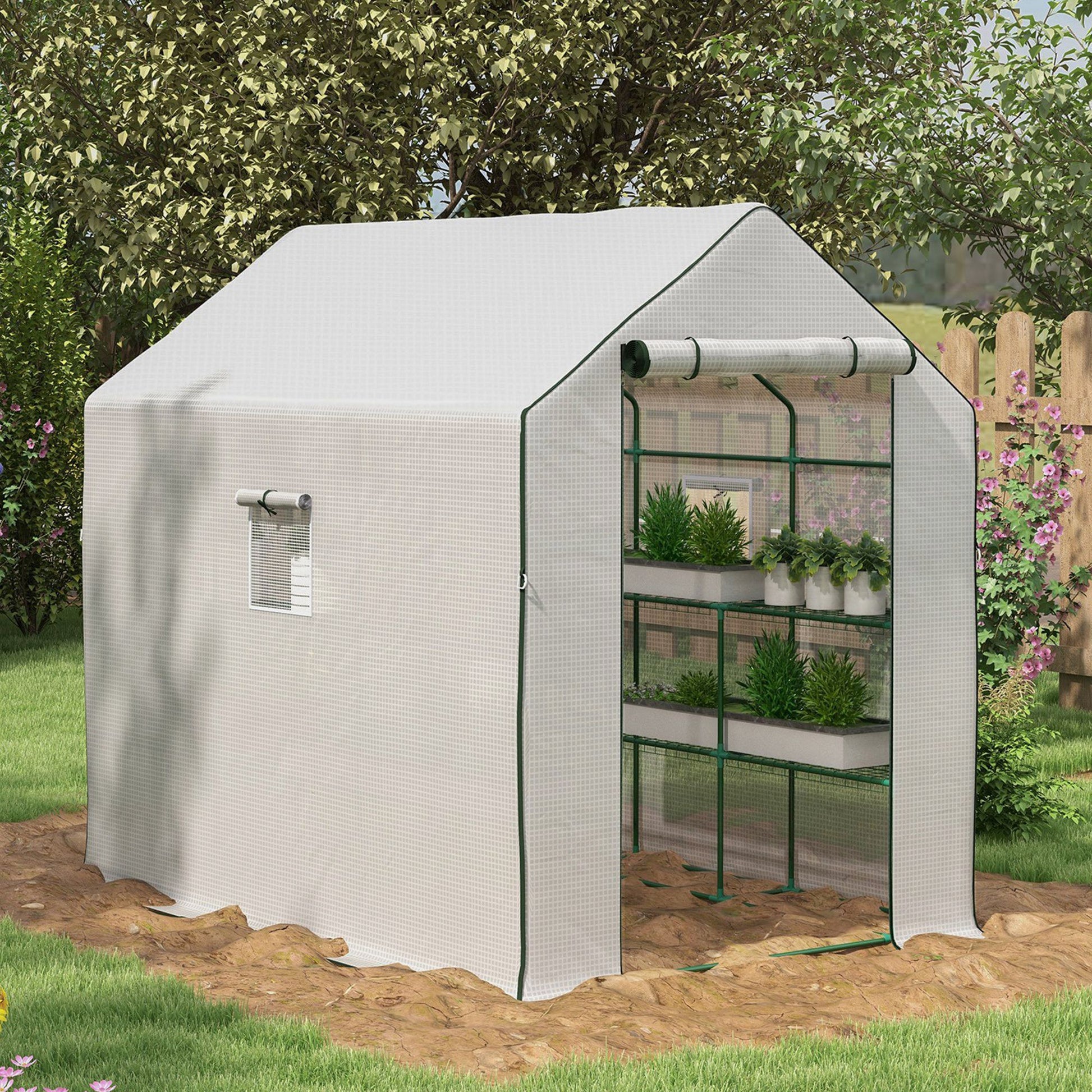 Outsunny 4.6' X 4.7' Portable Greenhouse, Water Uv Resistant Walk In Small Outdoor Greenhouse With 2 Tier U Shaped Flower Rack Shelves, Roll Up Door & Windows, White White Steel