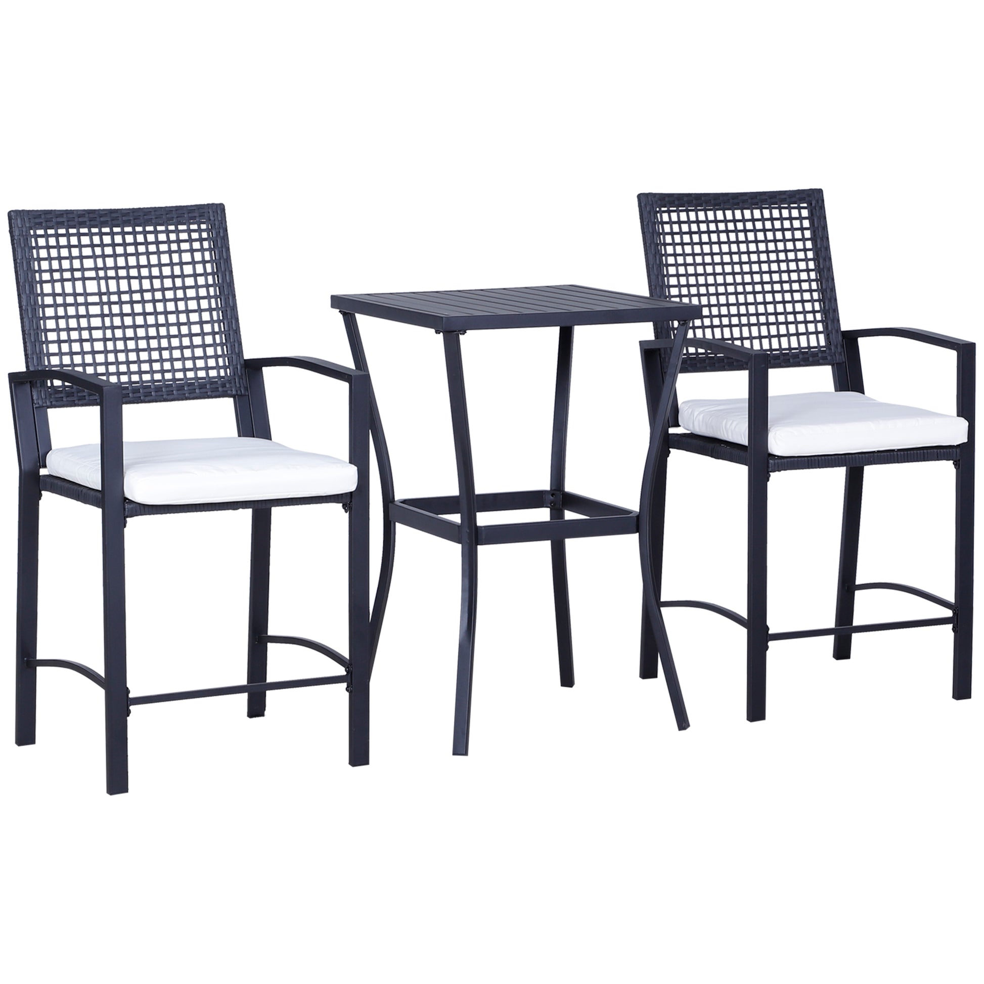 Outsunny 3Pcs Patio Bar Set With Soft Cushion, Rattan Wicker Outdoor Furniture Set For Backyards, Lawn, Deck, Poolside Black Steel