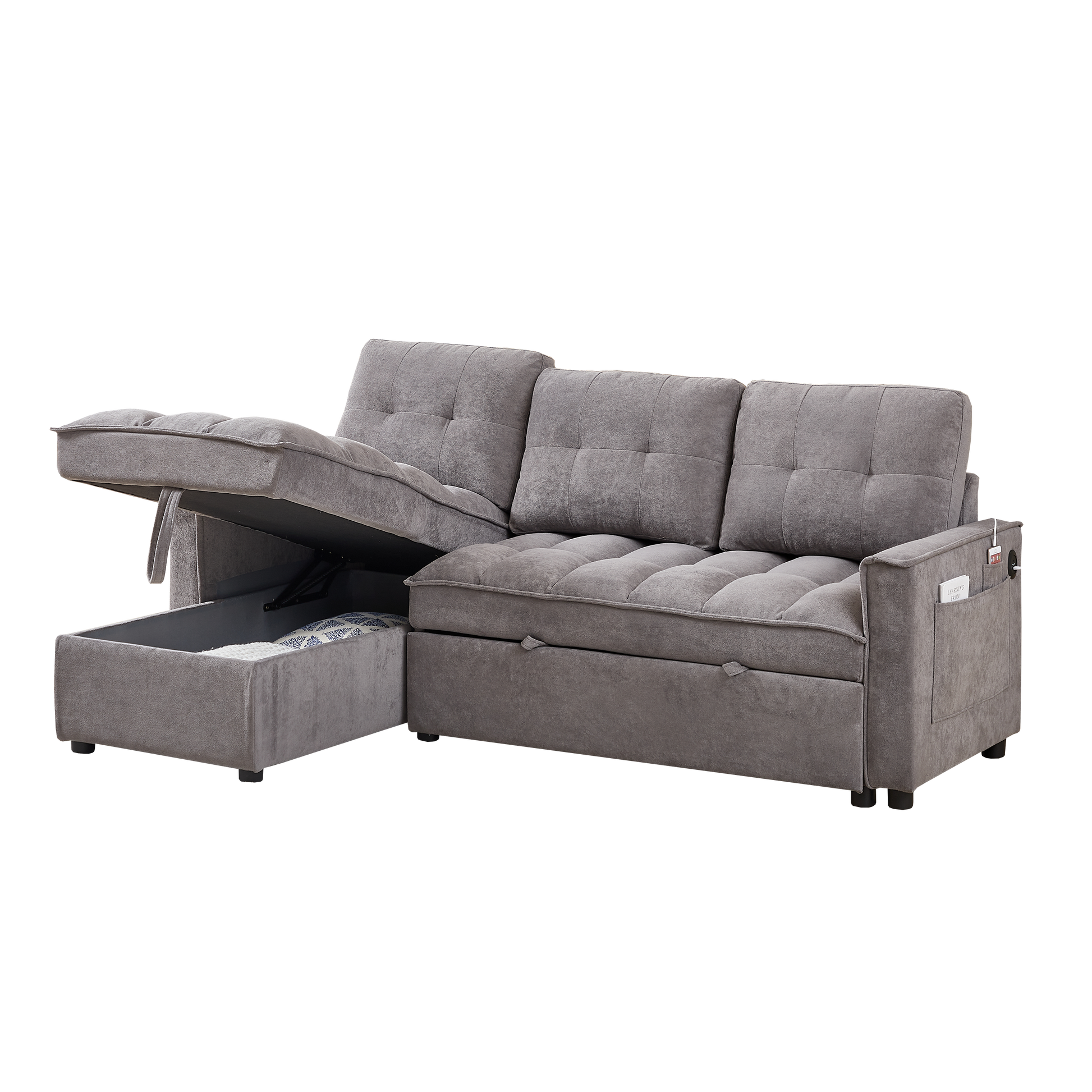 Mh 78.75" Reclining Sofa, Pull Out Sofa Bed With Usb And Tape C Charging Ports, L Shaped Sectional Sofa With Reclining Storage And Arm Side Organizer Pocket Features, Living Room Comfort Sofa Dark Grey Chenille Wood Primary Living Space Eucalyptus Foam