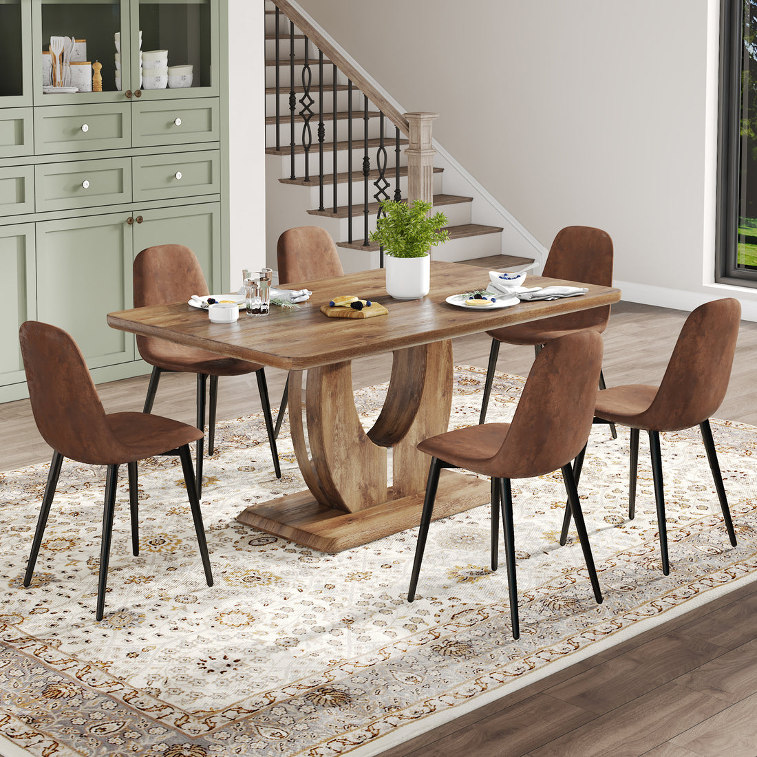 Table And Chair Set.Mdf Rectangular Dining Table, 6 Modern Medieval Style Restaurant Cushioned Side Chairs With With Soft Cushions And Black Metal Legs.Suitable For Restaurants, Living Rooms, Kitchen. Brown Seats 6 Mdf Metal