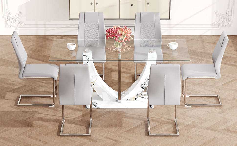 Table And Chair Set, Large Modern Rectangular Glass Table, Can Accommodate 6 8 People, Equipped With A 0.39 Inch Tempered Glass Tabletop And Mdf Table Legs.Paired With Comfortable And Soft Chairs. Light Gray Mdf Glass