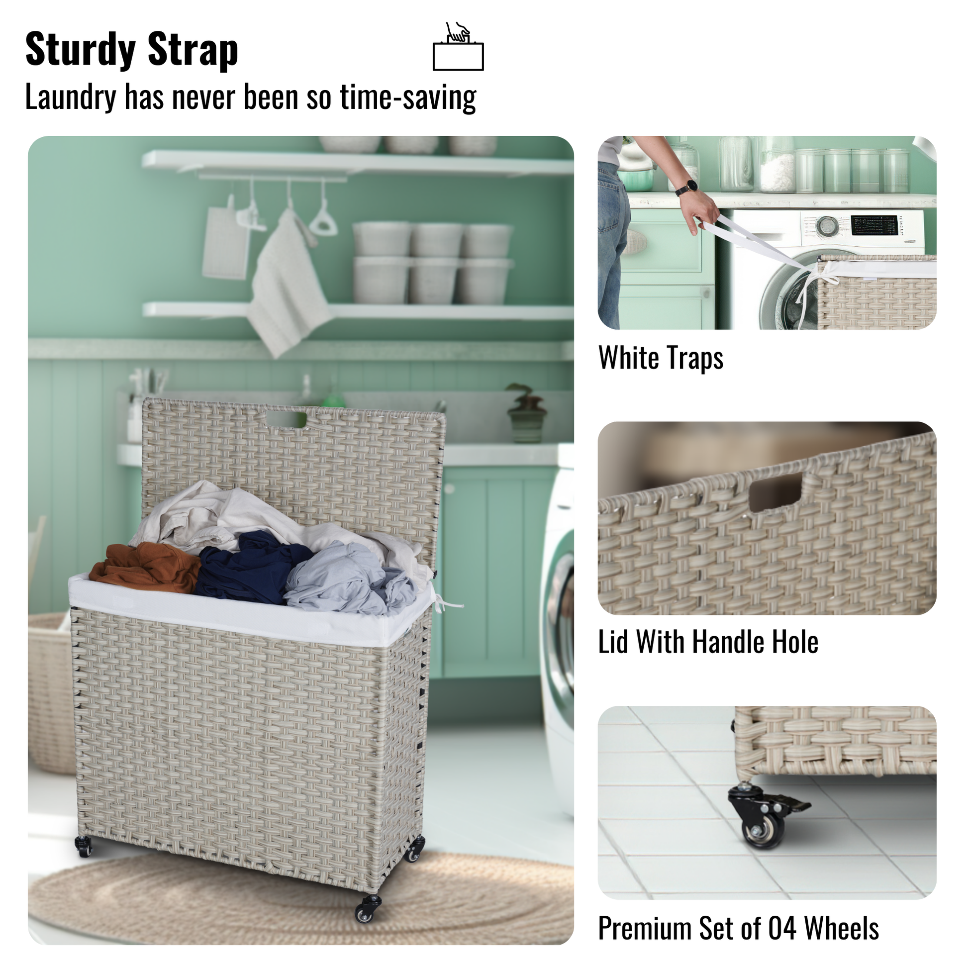 Laundry Hamper With Lid Pe Rattan Powder Coating Frame Clothes Hampers With 02 Removable Bags, Wheels, 160L, Grey Color Light Grey 1 Foldable Bathroom American Design,American Traditional Wicker