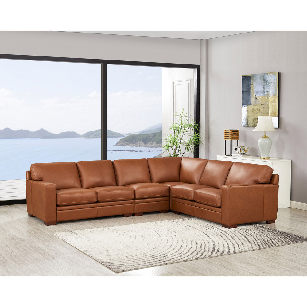 Dillon Leather L Shaped Sectional Brown Genuine Leather Wood Primary Living Space Medium Firm Cushion Back Mid Century Modern L Shaped Eucalyptus Square Arms Down Filling Leather 6 Seat