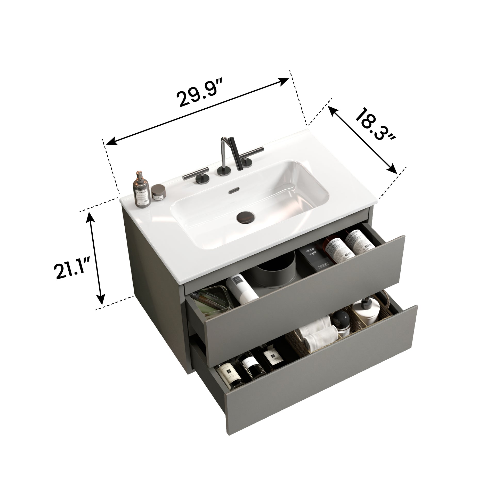 Tia 30" Wall Mount Space Grey Bathroom Vanity With Ceramic Sink With Three Faucet Holes, Large Storage Floating Bathroom Vanity For Modern Bathroom, Pre Assembled White Gray Bathroom Modern Ceramic