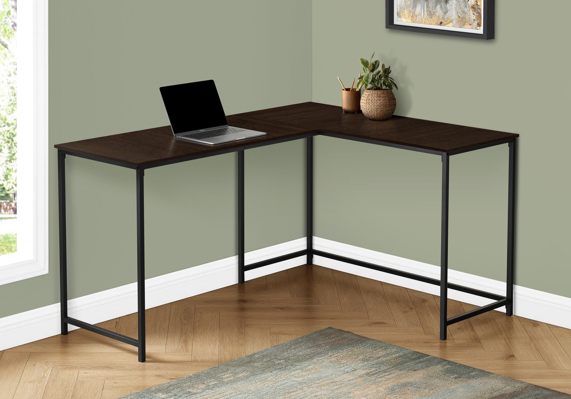 Computer Desk, Home Office, Corner, 58"L, L Shape, Work, Laptop, Brown Laminate, Black Metal, Contemporary, Modern Espresso Particle Board