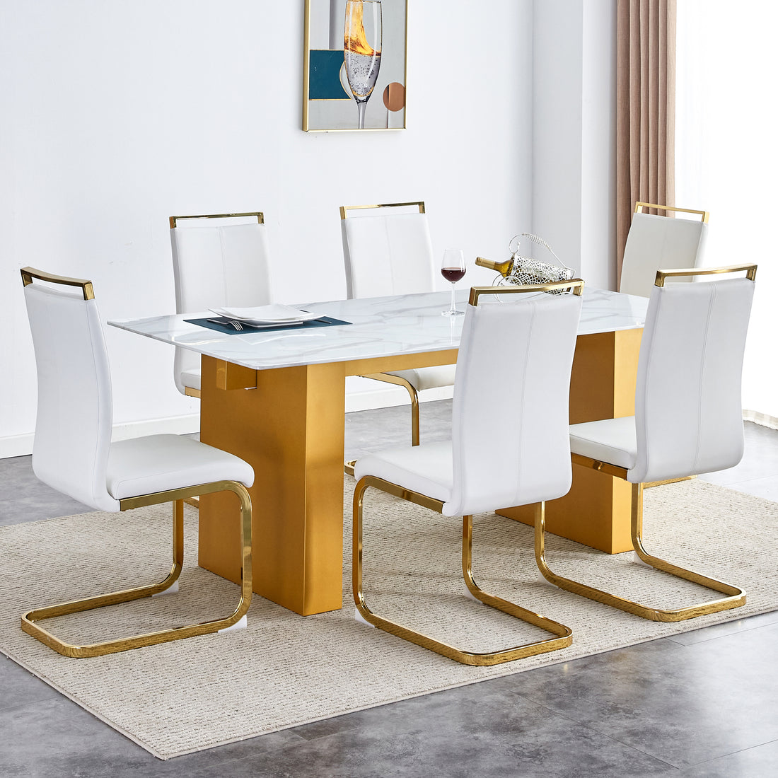 Table And Chair Set.Large Modern Rectangular Table With 0.4 Inch Patterned Glass Tabletop And Large Mdf Table Legs.Comes With 6 Chairs With Faux Leather Cushioned Seats And Golden Metal Legs. Gold White Seats 6 Mdf Glass