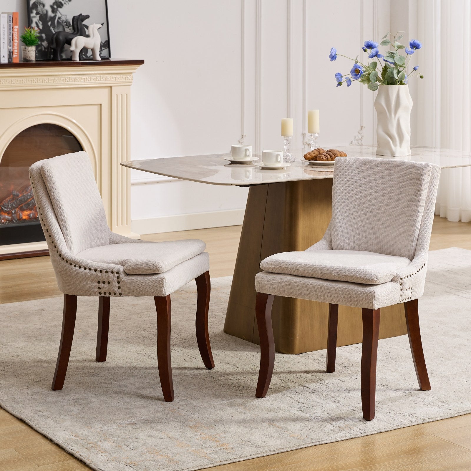 Modern Dining Chairs Set Of 2,Double Layer Cushioned Chenille Fabric Upholstered Accent Side Leisure Chairs With Mid Back And Curved Solid Wood Legs For Living Room Dining Room Beige Beige American Design Dining Chairs Rubberwood Set Of 2 Foam Chenille