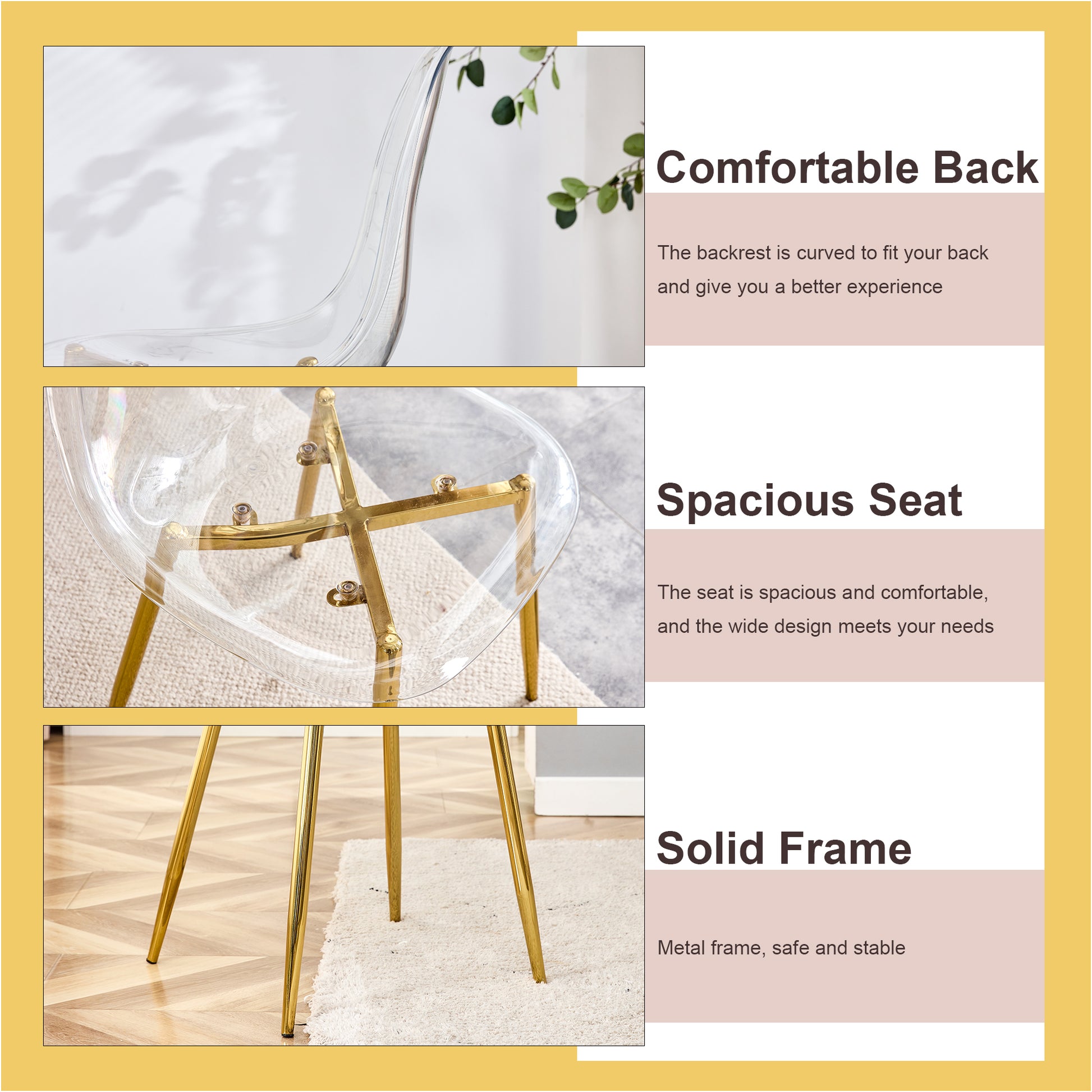 Table And Chair Set.Modern Luxurious White Marble Patterned Tempered Glass Dining Table Set With Transparent Pp Chairs.6 Transparent High Quality Pp Dining Chairs With Golden Legs. White Gold Seats