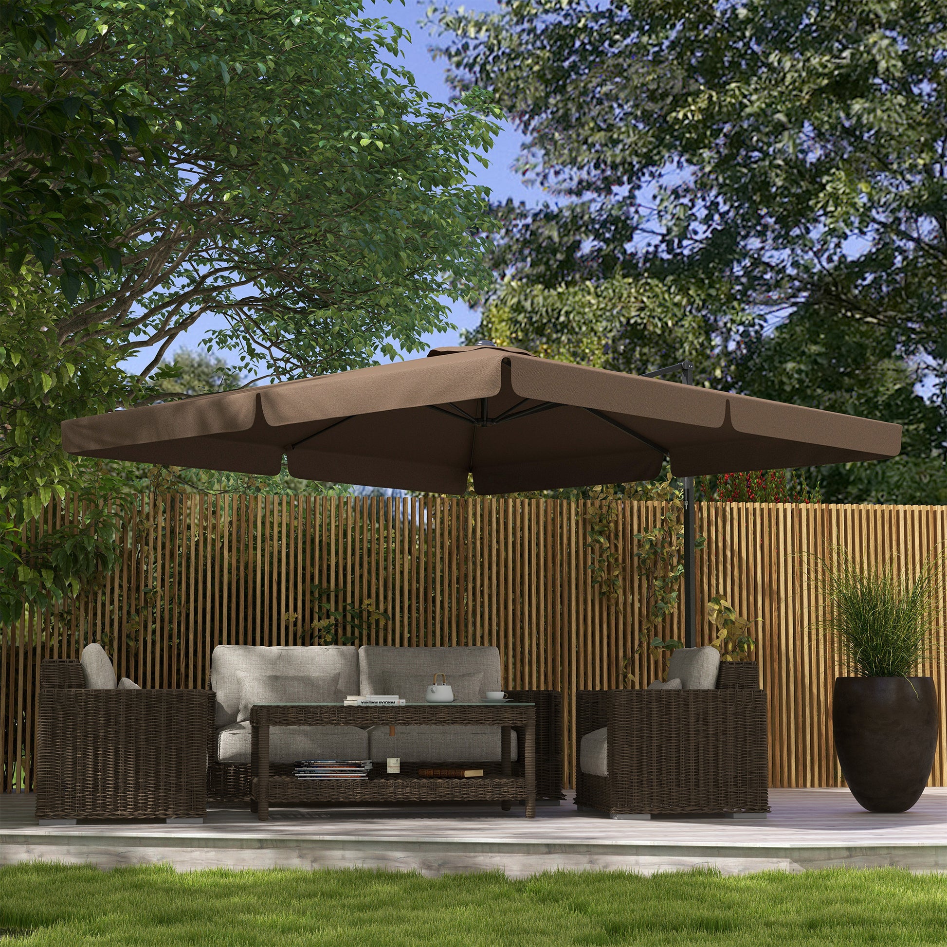 Outsunny 10' Cantilever Patio Umbrella, Square Offset Umbrella With Tilt, Crank, Cross Base, Aluminum Pole And Air Vent, Hanging Umbrella For Garden, Pool, Backyard, Tan Brown Aluminum