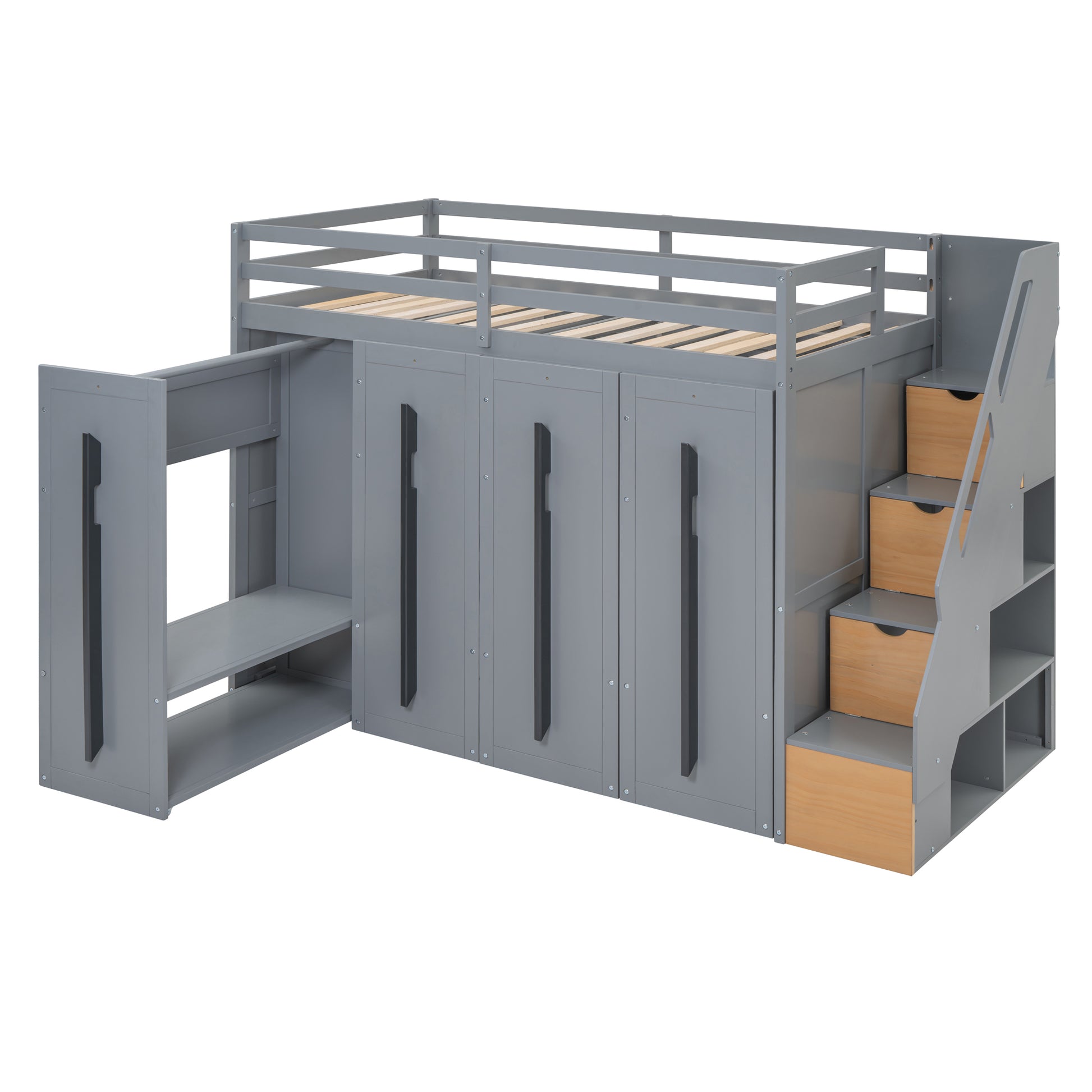 Modern Loft Bed With Two Tone Storage Stairs And Pull Out Wardrobes, Gray Twin Gray Solid Wood Mdf