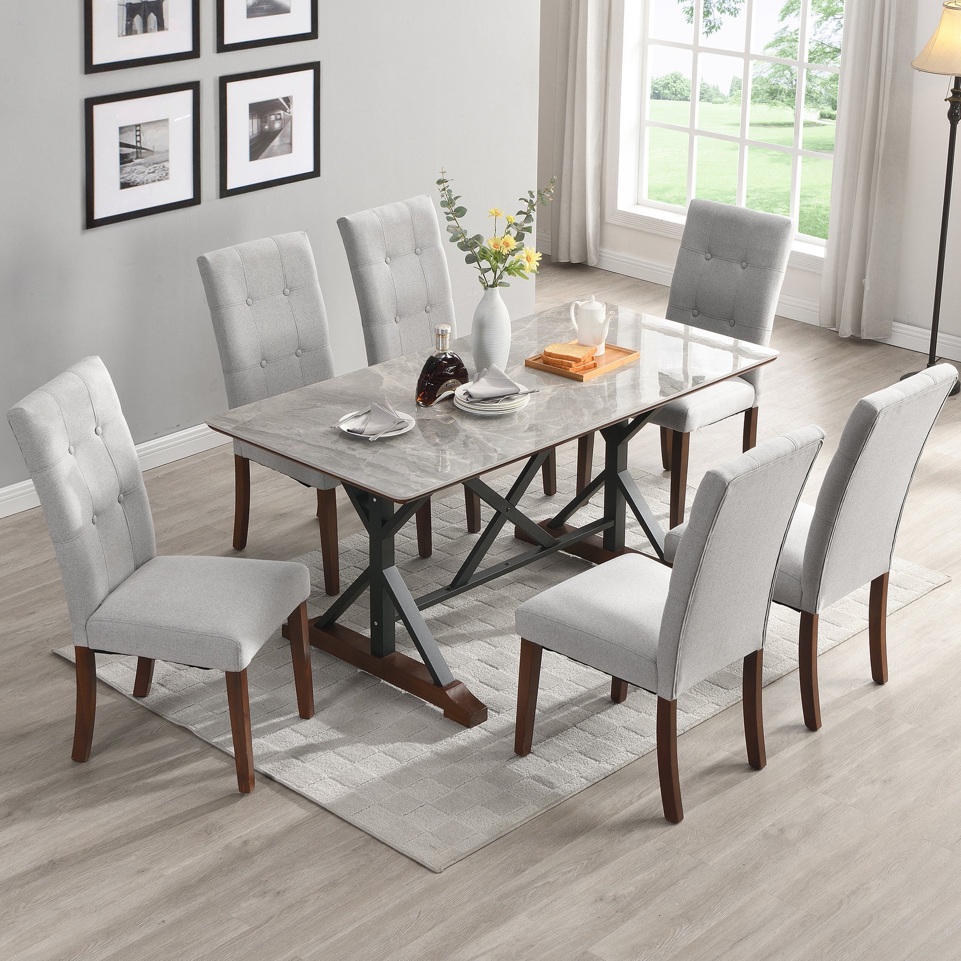 Modern Dining Table For 6 8, 7 Piece Kitchen Dining Table Set, Gray Sintered Stone Dining Table With 6 Tufted Upholstered Chairs, 63 Inch Rectangle Dining Table For Dining Room 1 Table 6 Chair Gray Farmhouse,Mid Century Modern,Modern Sintered Stone