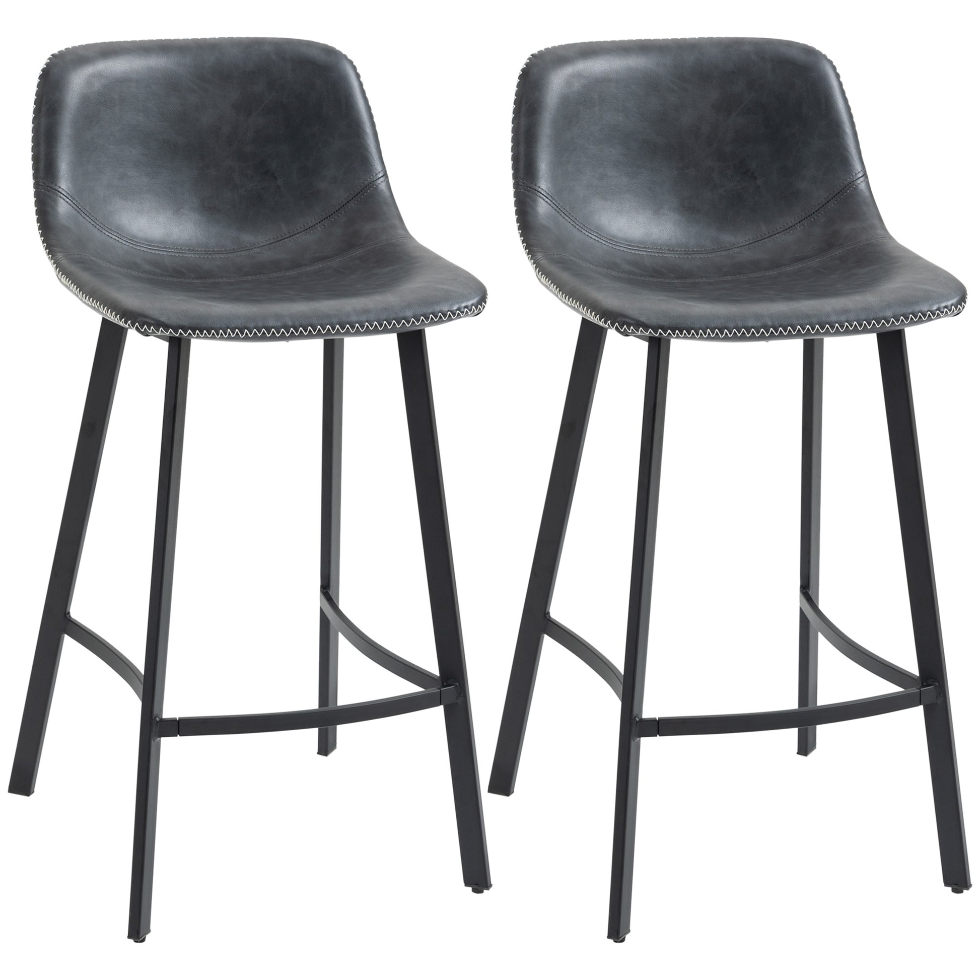 Homcom 27.25" Counter Height Bar Stools, Industrial Kitchen Stools, Upholstered Armless Bar Chairs With Back, Steel Legs, Set Of 2, Black Black Steel