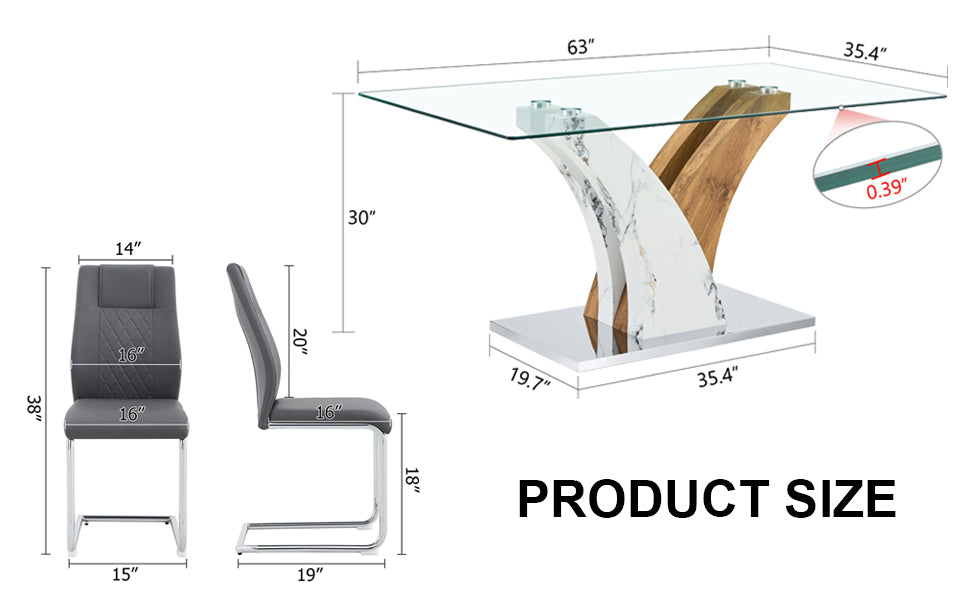 Table And Chair Set.Modern Dining Table, Tempered Glass Countertop With Artistic Mdf Legs.Paried With 6 Comfortable Chairs With Pu Seats And Metal Legs. Suitable For Various Decoration Styles. Gray,Transparent Seats 6 Mdf Glass
