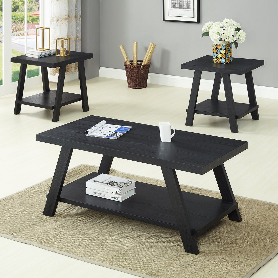 Athens Contemporary Replicated Wood Shelf Coffee Set Table In Black Finish Black Rectangular Coffee & End Tables Wood