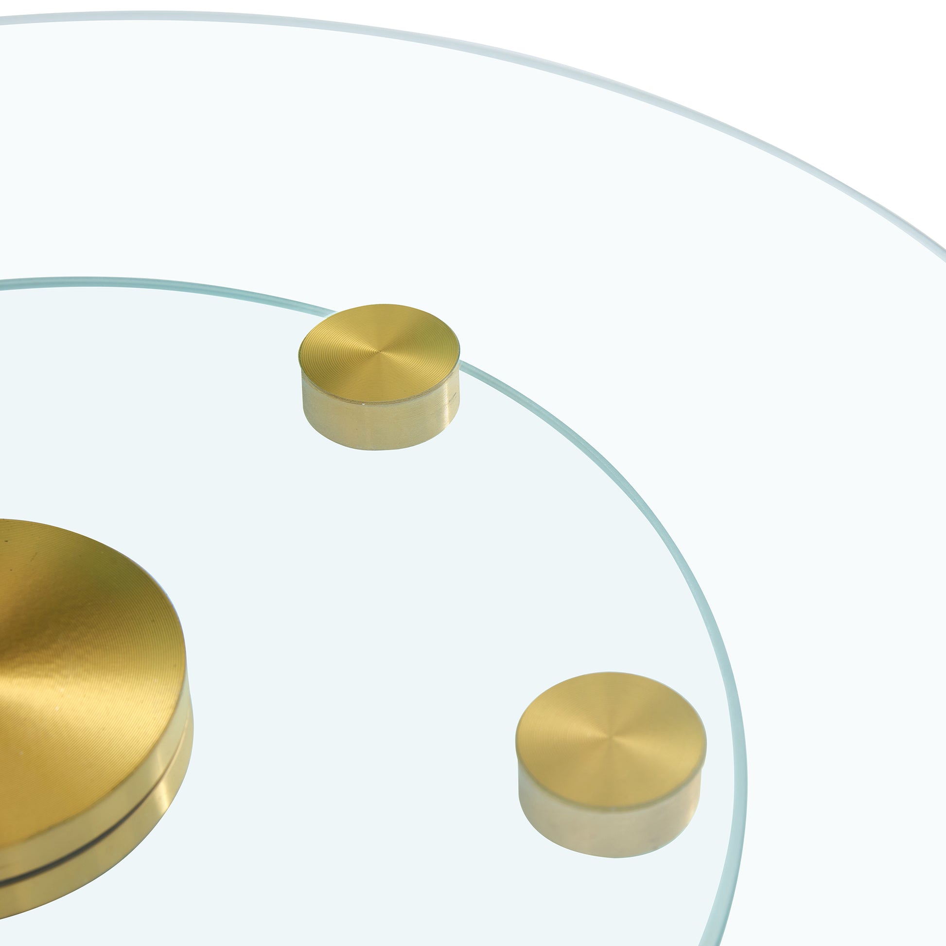 Double Layer Rotatable Round Glass.Golden Aluminum Plate,The Rotatable Design Makes It Convenient To Retrieve And Place Items.The Upper Glass Has A Diameter Of 20 Inches,The Lower Glass15 Inches.