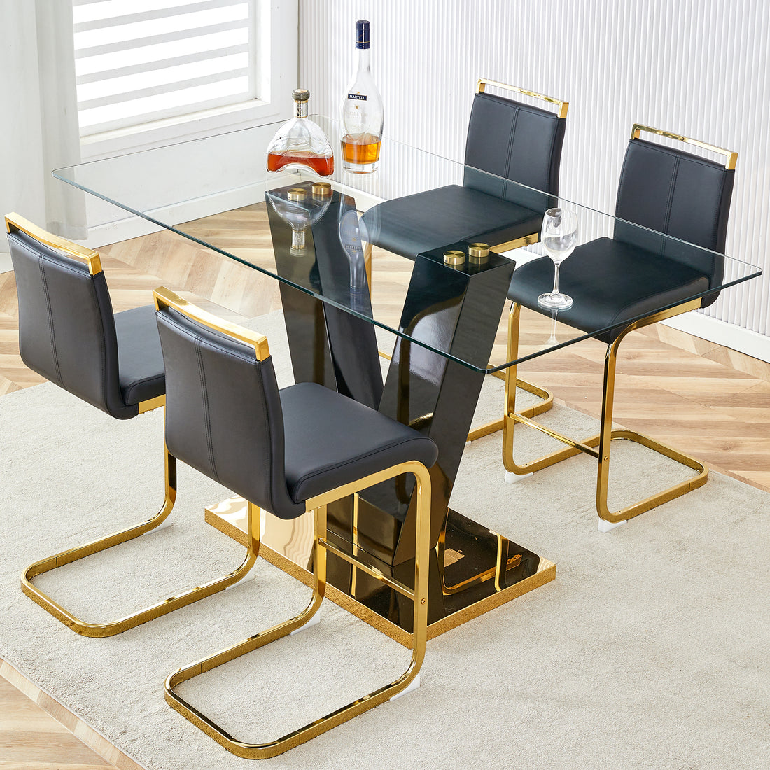 Table And Chair Set,Clear Tempered Glass And Black Legs Of The Table, Pu And Gold Legs Of The Chair Black Seats 4 Tempered Glass