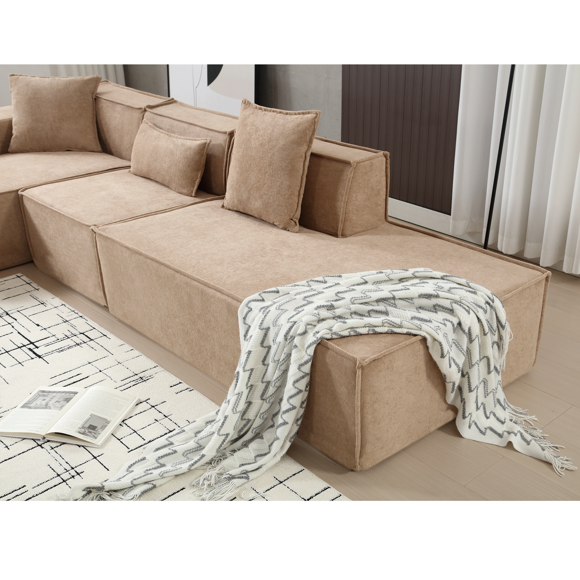 Modular Combination Living Room Sofa Set, Modern Minimalist Sofa, Free Installation Sofa, L Shaped, Italian Minimalist Tofu Block Sofa, Left Hand Facing,Terrycloth Fabric, Light Brown Light Brown Polyester Primary Living Space Soft Modern Polyester 3