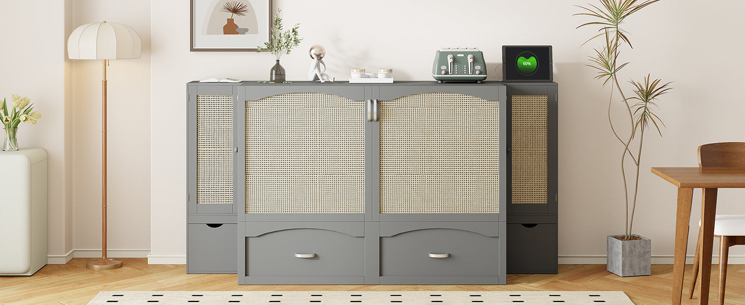 Full Size Murphy Bed Wall Bed With Drawer And Rattan Decoration With 2 Storage Cabinets, One Set Of Sockets & Usb Ports, Pulley Structure Design, Gray Full Gray Plywood