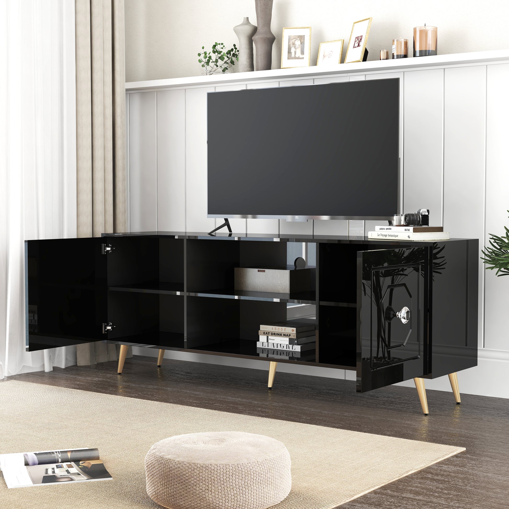 Modern High Gloss Black Tv Stand For Tv'S Up To 75", Entertainment Center 67"L Black Primary Living Space 60 69 Inches 70 79 Inches 75 Inches Mdf