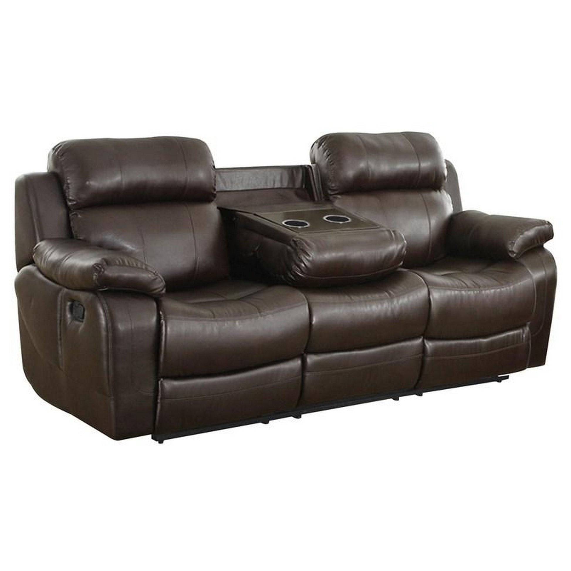 Leather Reclining Three Seater Sofa With Center Drop Down Cup Holder, Brown Brown Leather