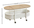 Movable Oval Metal Glass Coffee Table With Storage White Glass Metal