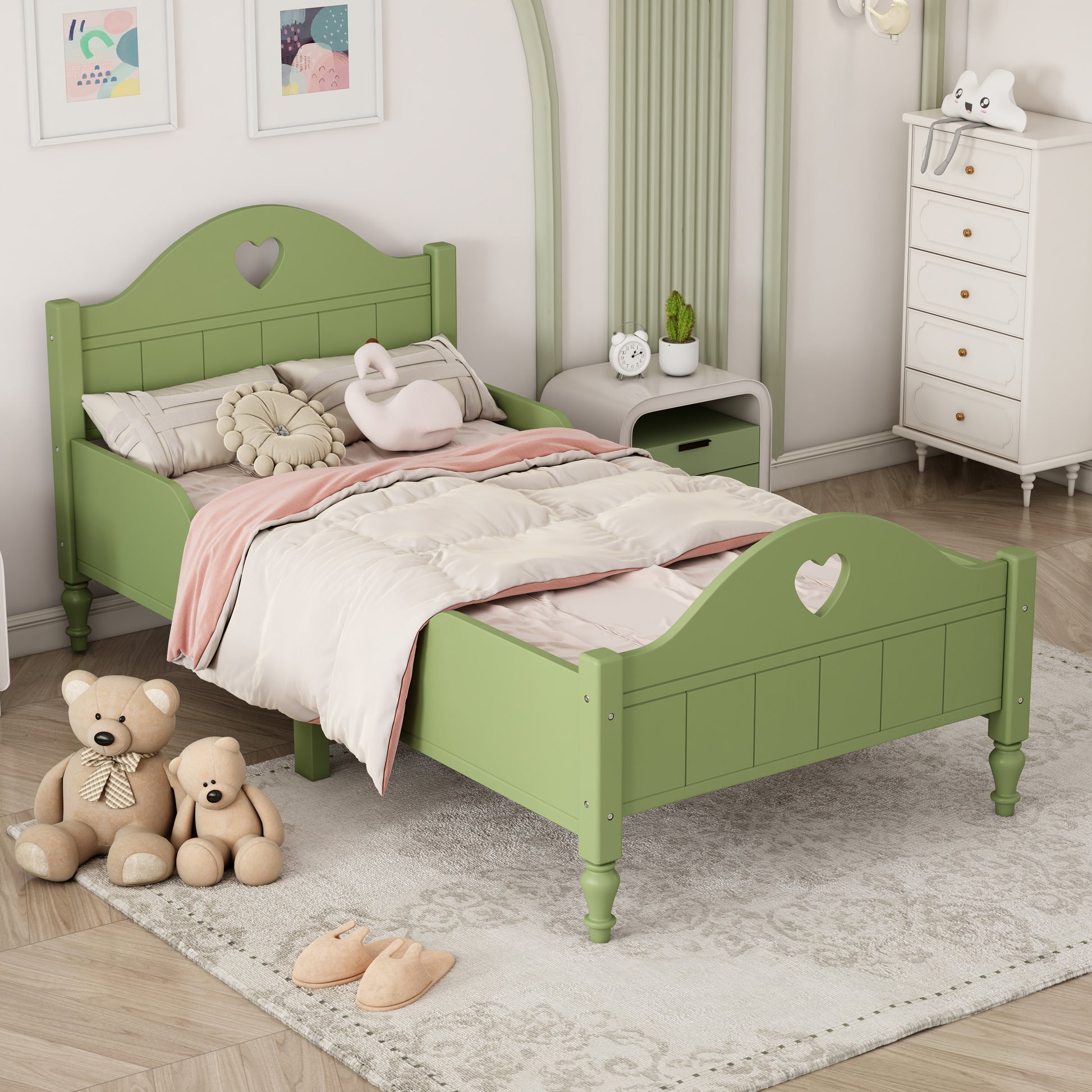 Girl'S Beautiful Princess Bed Macaron Twin Size Toddler Bed With Side Safety Rails And Headboard And Footboard, Oliver Green Olive Green Solid Wood Mdf