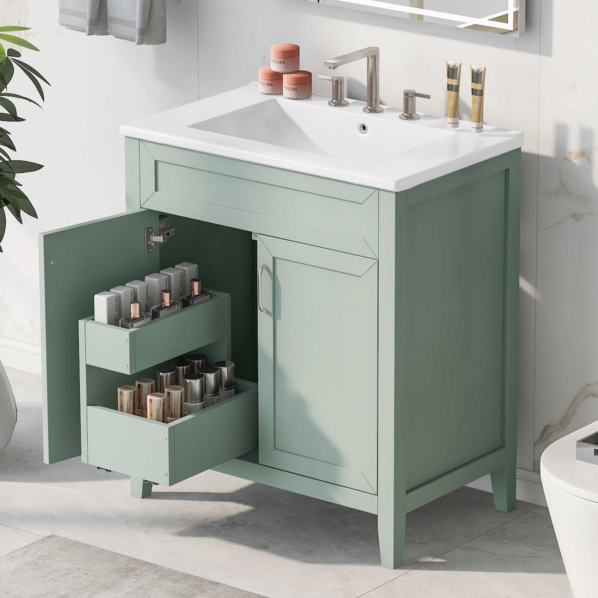 30" Bathroom Vanity With Sink, Multi Functional Bathroom Cabinet With Doors And Drawers, Solid Frame And Mdf Board, Green Green Solid Wood Mdf