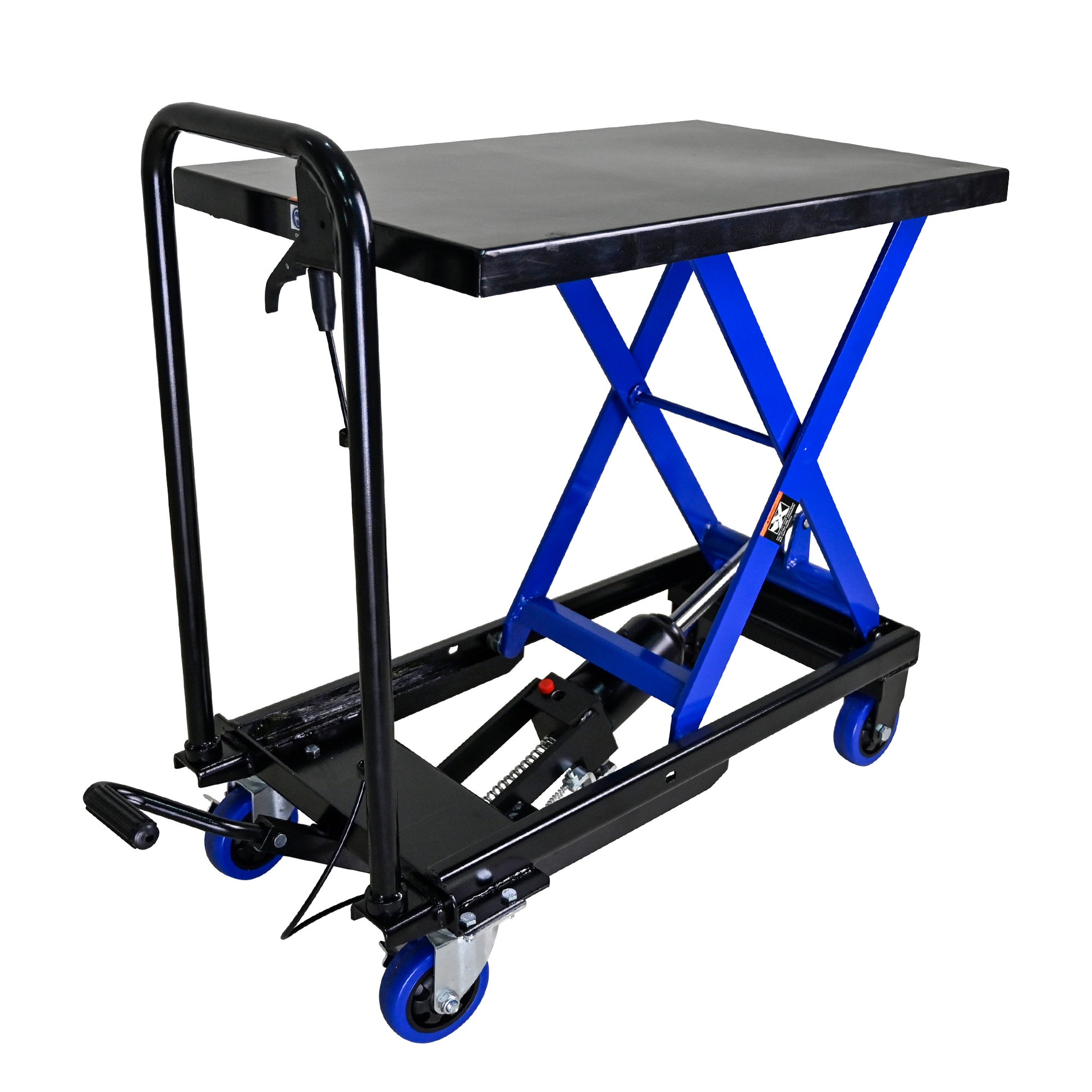 Hydraulic Lift Trolley, 500 Lbs Capacity, With 4 Wheels, For Material Handling And Transportation, Black Blue Black Blue Steel