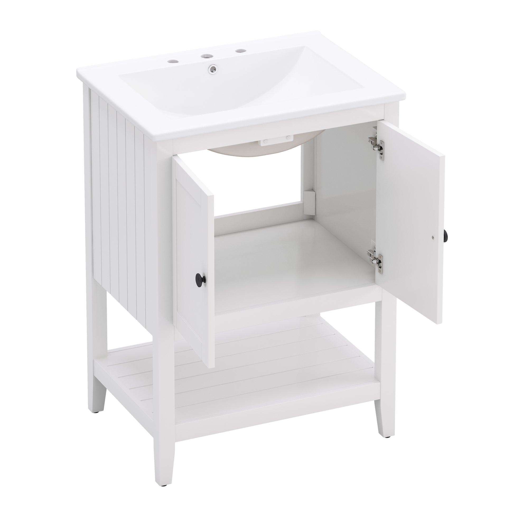 24" White Modern Sleek Bathroom Vanity Elegant Ceramic Sink With Solid Wood Frame Open Style Shelf White Solid Wood