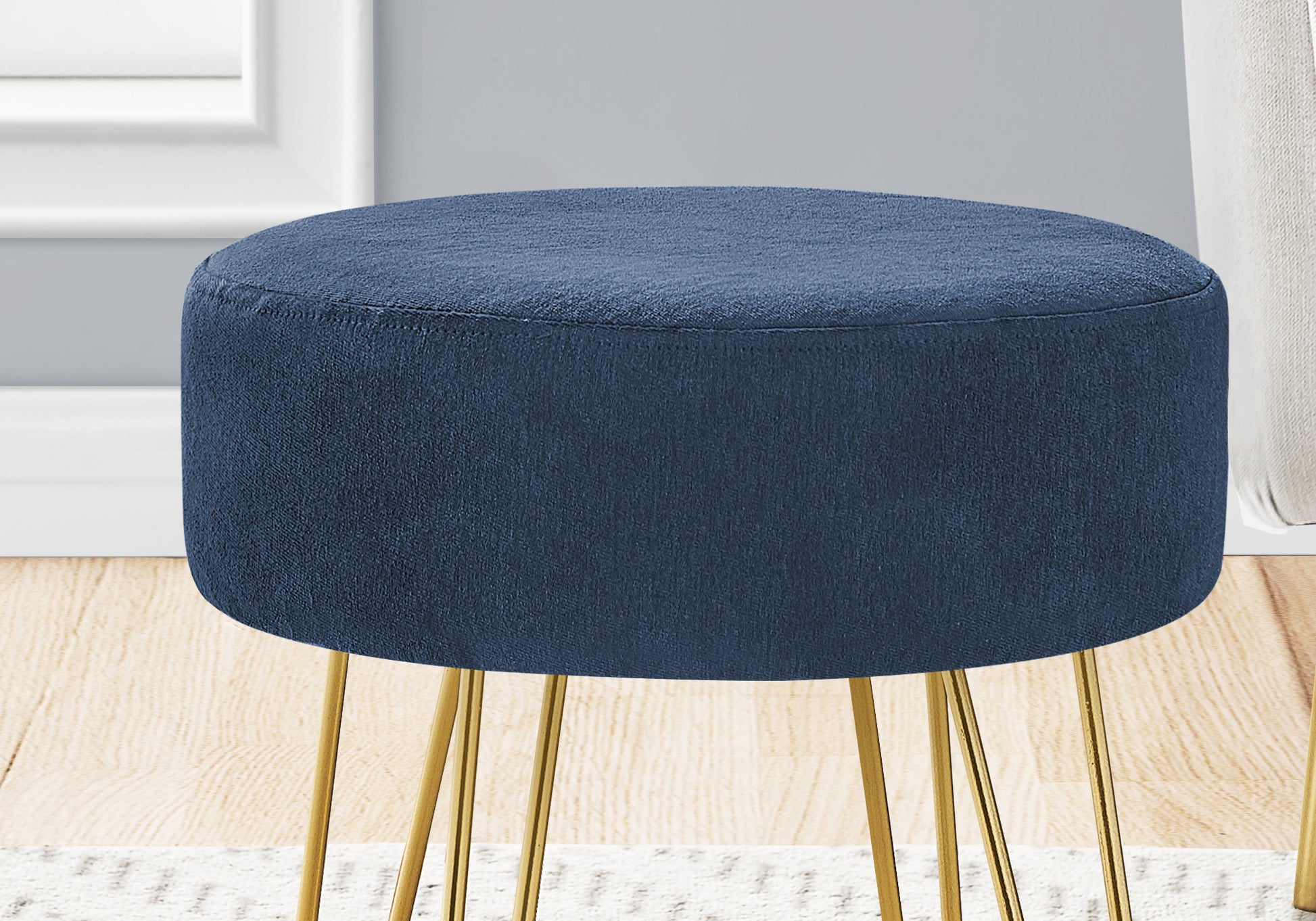 Ottoman, Pouf, Footrest, Foot Stool, 14" Round, Blue Fabric, Gold Metal Legs, Contemporary, Modern Blue Foam Polyester