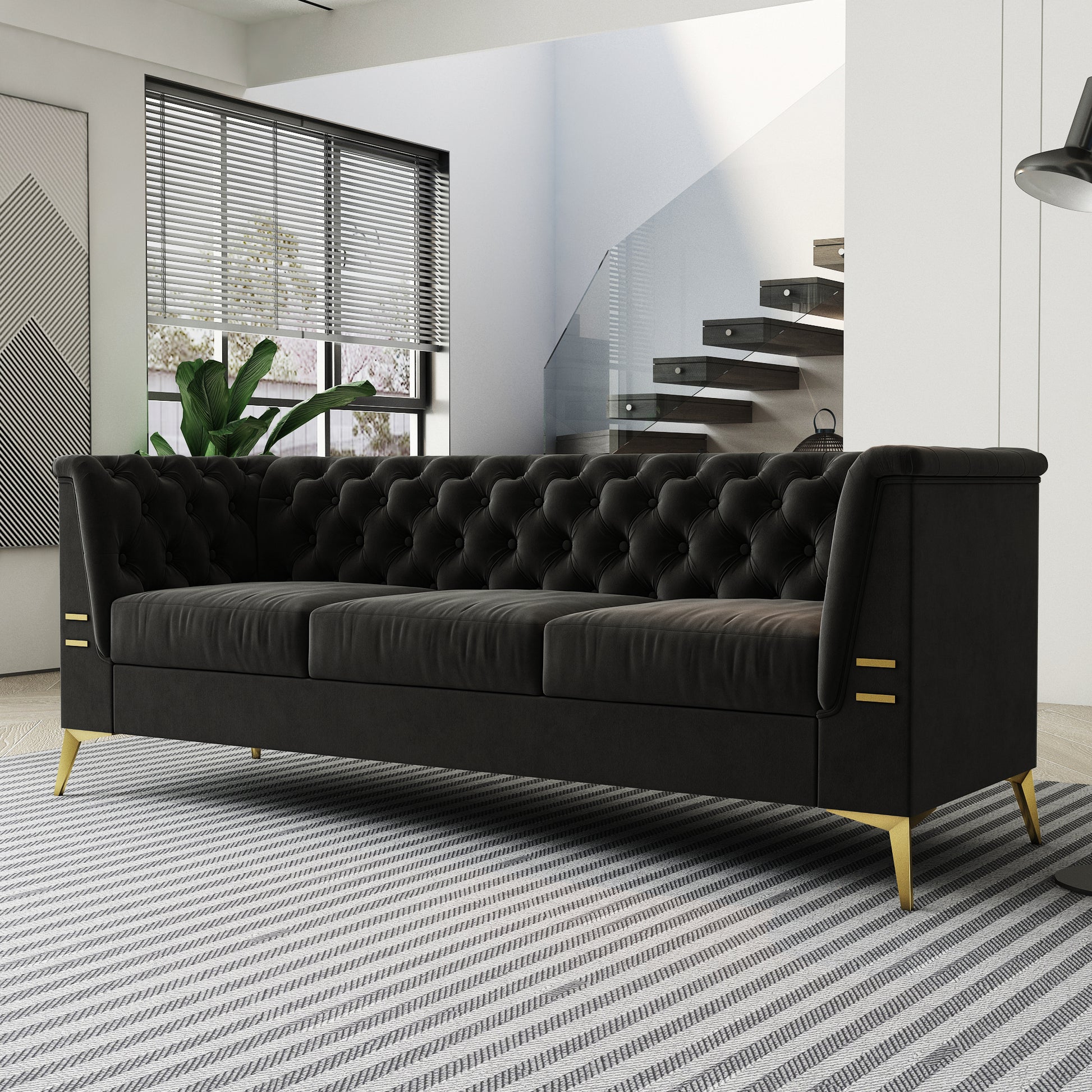 Fx P83 Bk2 Sofa Luxurious Black Velvet Sofa With Gold Legs Modern Chesterfield Design, Tufted Upholstery, 3 Seat Couch For Living Room And Office Black Velvet 3 Seat