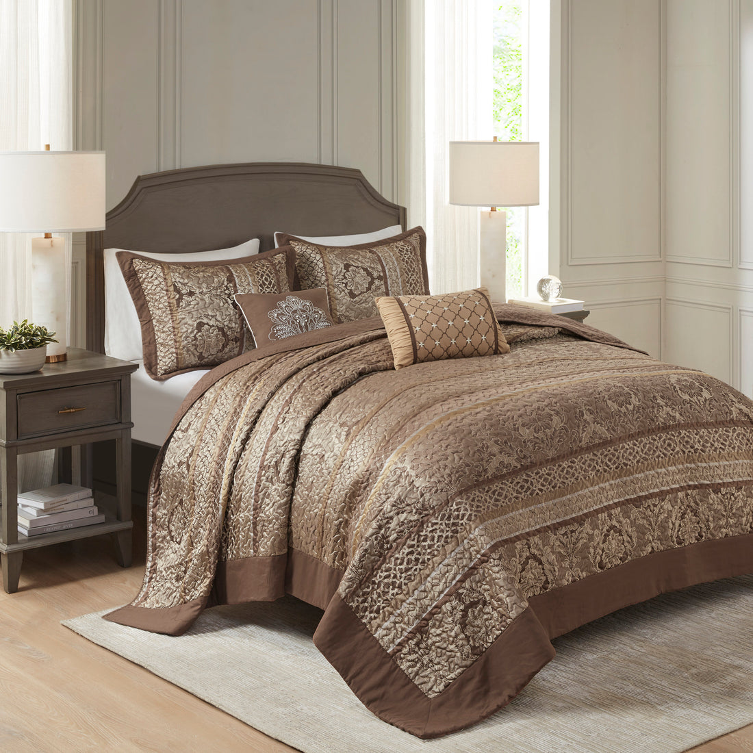 5 Piece Reversible Jacquard Bedspread Set Brown Gold Queen Queen Brown Gold Microfiber