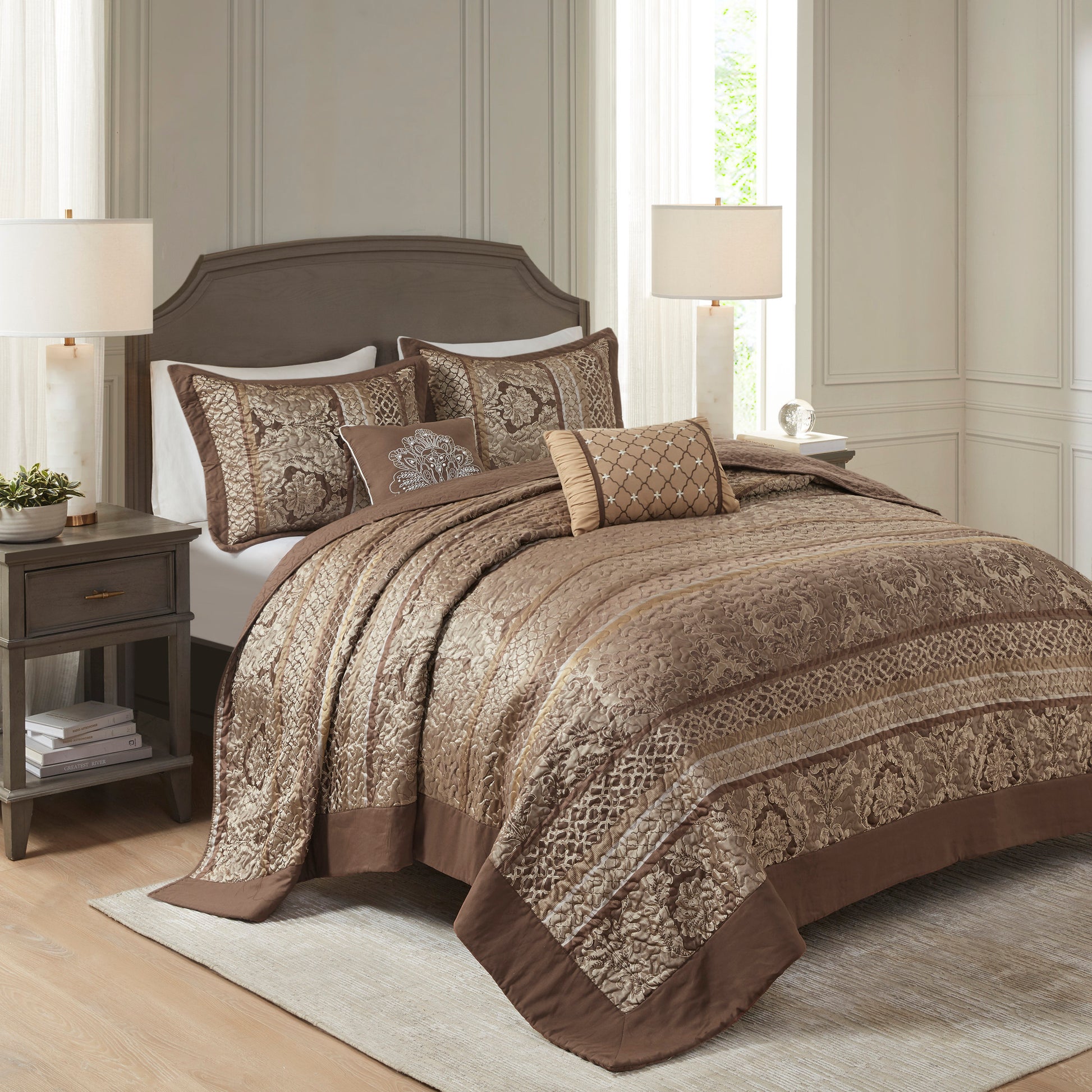 5 Piece Reversible Jacquard Bedspread Set Brown Gold Queen Queen Brown Gold Microfiber
