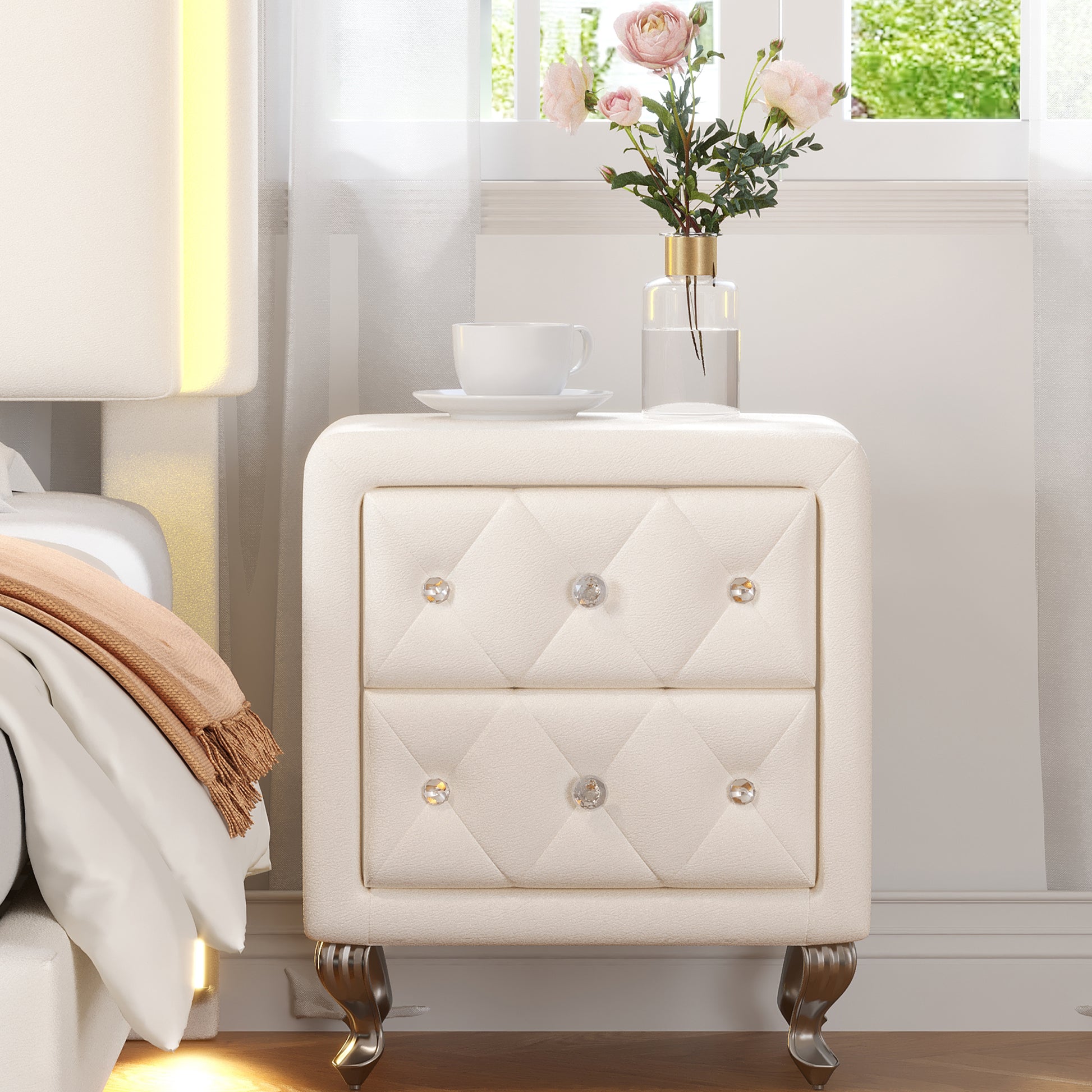 Elegant Pu Nightstand With 2 Drawers And Crystal Handle,Fully Assembled Except Legs&Handles,Storage Bedside Table With Metal Legs White White Pu