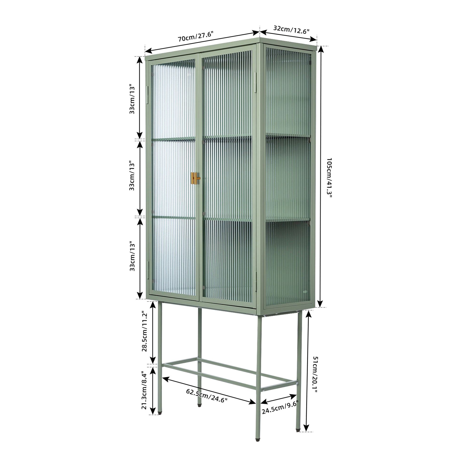 Mint Green Tall Freestanding Display Cupboard Stylish Fluted Glass Storage Cabinet With Glass Doors Three Detachable Shelves Bottom Space For Office Dining Room Living Room Bedside Old Sku:W68743736 Mint Green Steel