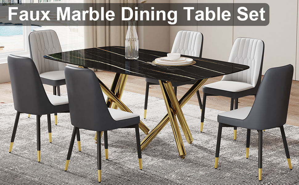 Large Modern Minimalist Rectangular Dining Table With 0.39 "Imitation Marble Black Tabletop And Golden Metal Legs, Paired With Chairs With Pu Cushions And Black Metal Legs. F 1538 C 007 Black Gold Glass Metal