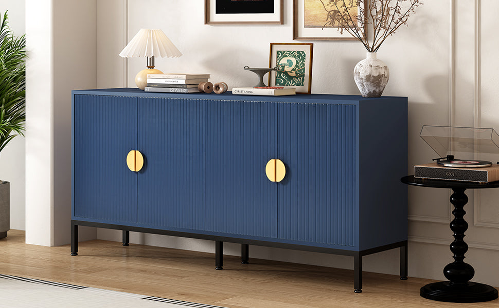 Exquisite Vertical Striped Four Door Sideboard With Sturdy Metal Legs And Semi Circular Handles, Suitable For Study, Entryway And Living Room Navy Blue Primary Living Space American Design Mdf