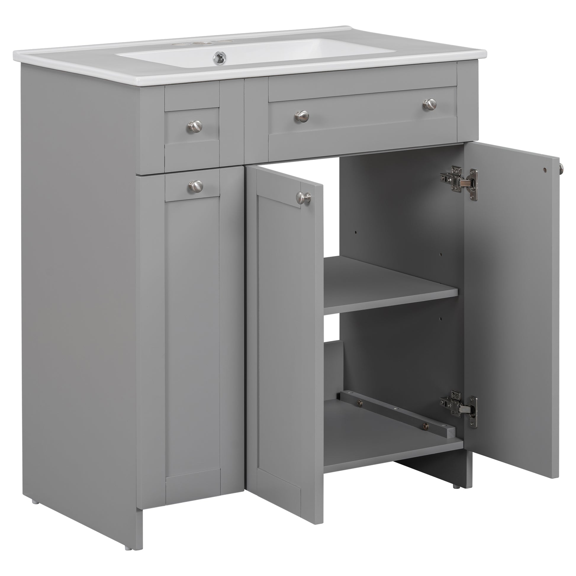 30 Inch Grey Bathroom Vanity With Ceramic Sink Combo, Abundant Storage Cabinet 2 Soft Close Doors And Double Tier Deep Drawer Grey Bathroom Mdf