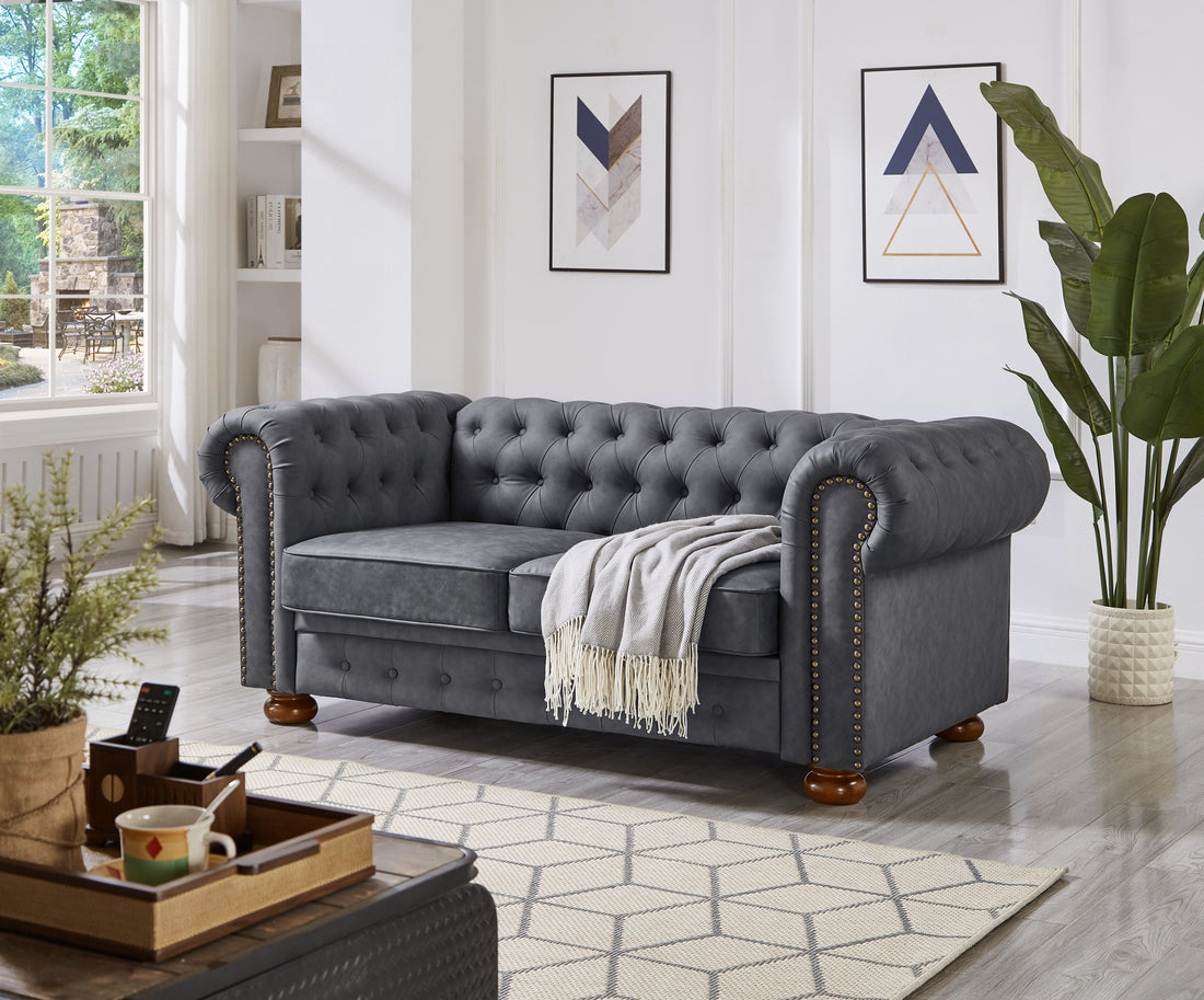 Classic Chesterfield Sofa Loveseat For Living Room Grey Faux Leather Grey Foam Technical Leather 2 Seat