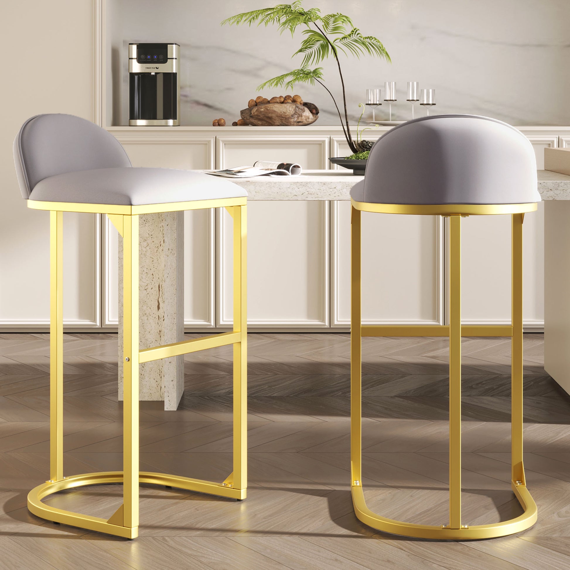 4 Pieces Bar Stools, 30" Counter Height Bar Stools Modern Luxury Bar Stools With Footrest, Upholstered Velvet Counter Stool Chairs For Kitchen Island Metal Grey Gold Dining Room Powder Coated Sponge Wipe Clean Rectangular Modern Bar Stools Set Of 4 Or