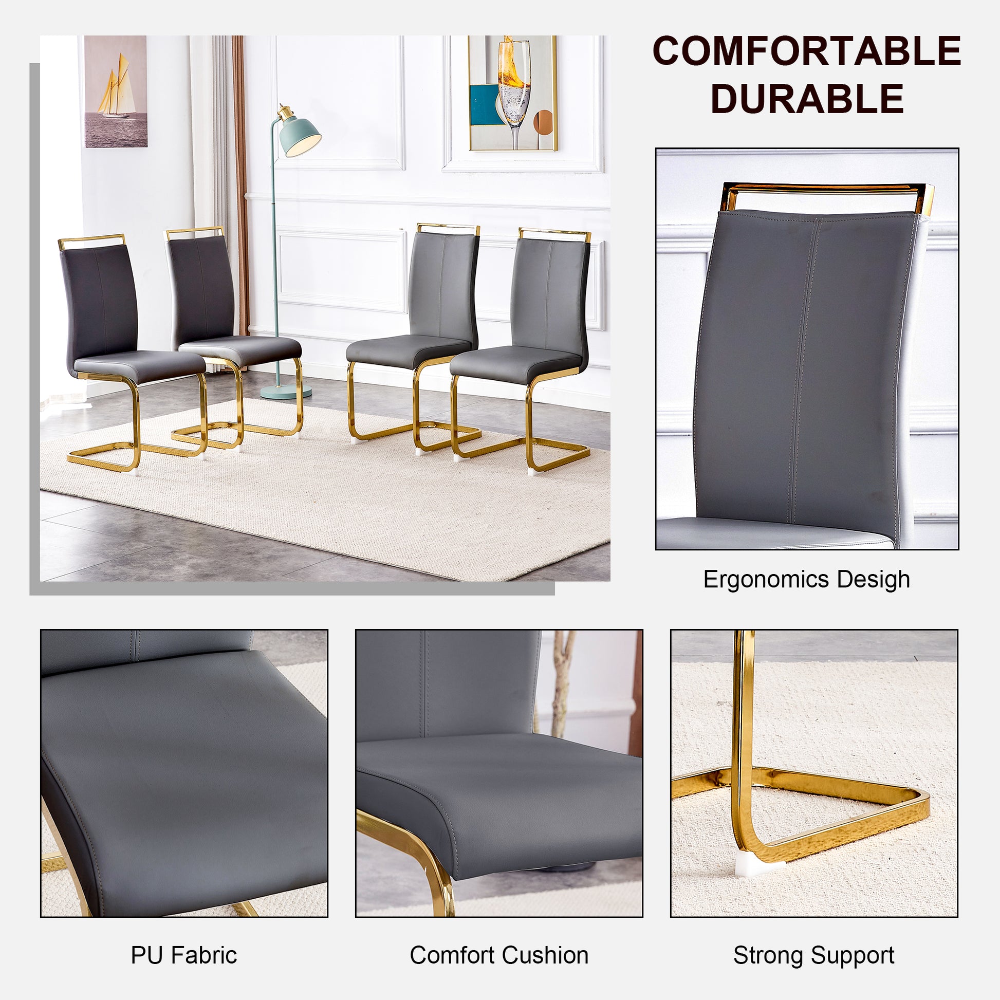 Table And Chair Set.Large Modern Rectangular Table With 0.4 Inch Patterned Glass Tabletop And Large Mdf Table Legs.Comes With 8 Chairs With Faux Leather Cushioned Seats And Golden Metal Legs. Gold White Seats 8 Mdf Glass