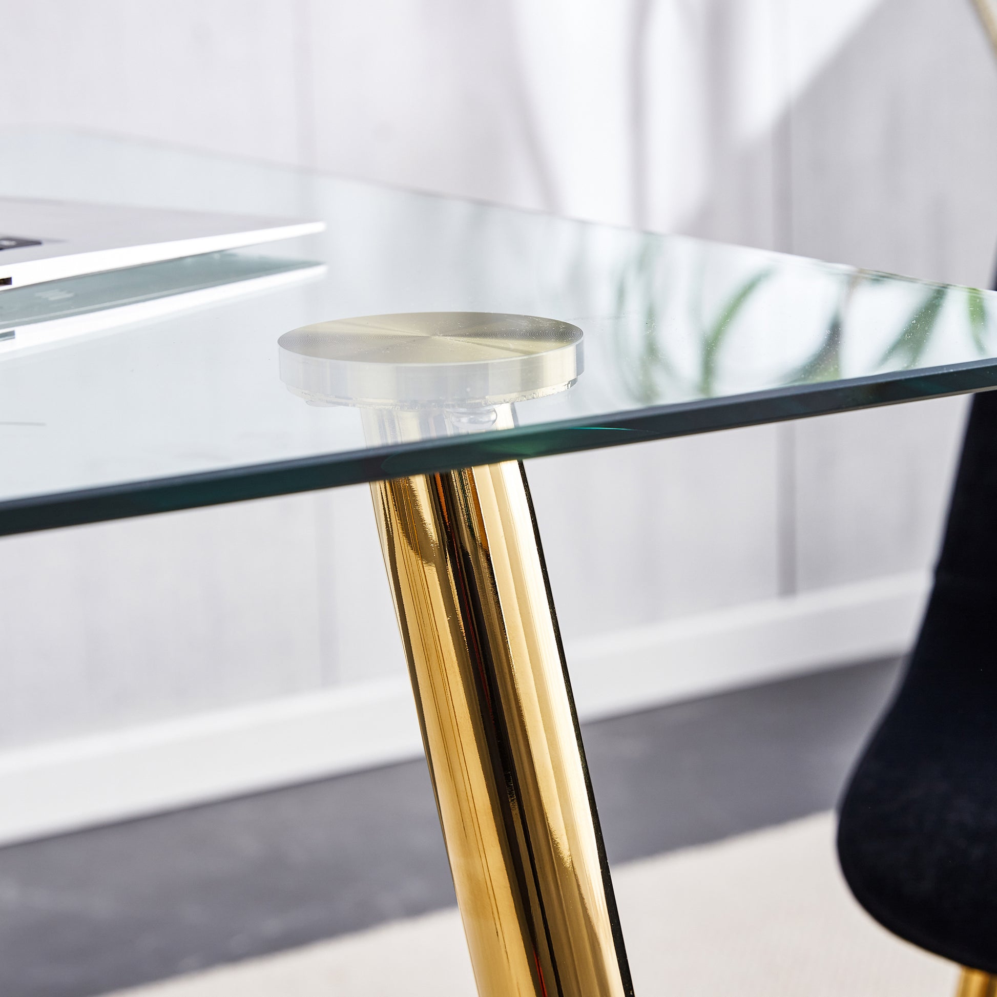 Modern Minimalist Rectangular Glass Dining Table For 4 6 With 0.31" Tempered Glass Tabletop And Golden Plating Metal Legs, Writing Table Desk, For Kitchen Dining Living Room, 51" *31"*30".F 1544 Golden Glass