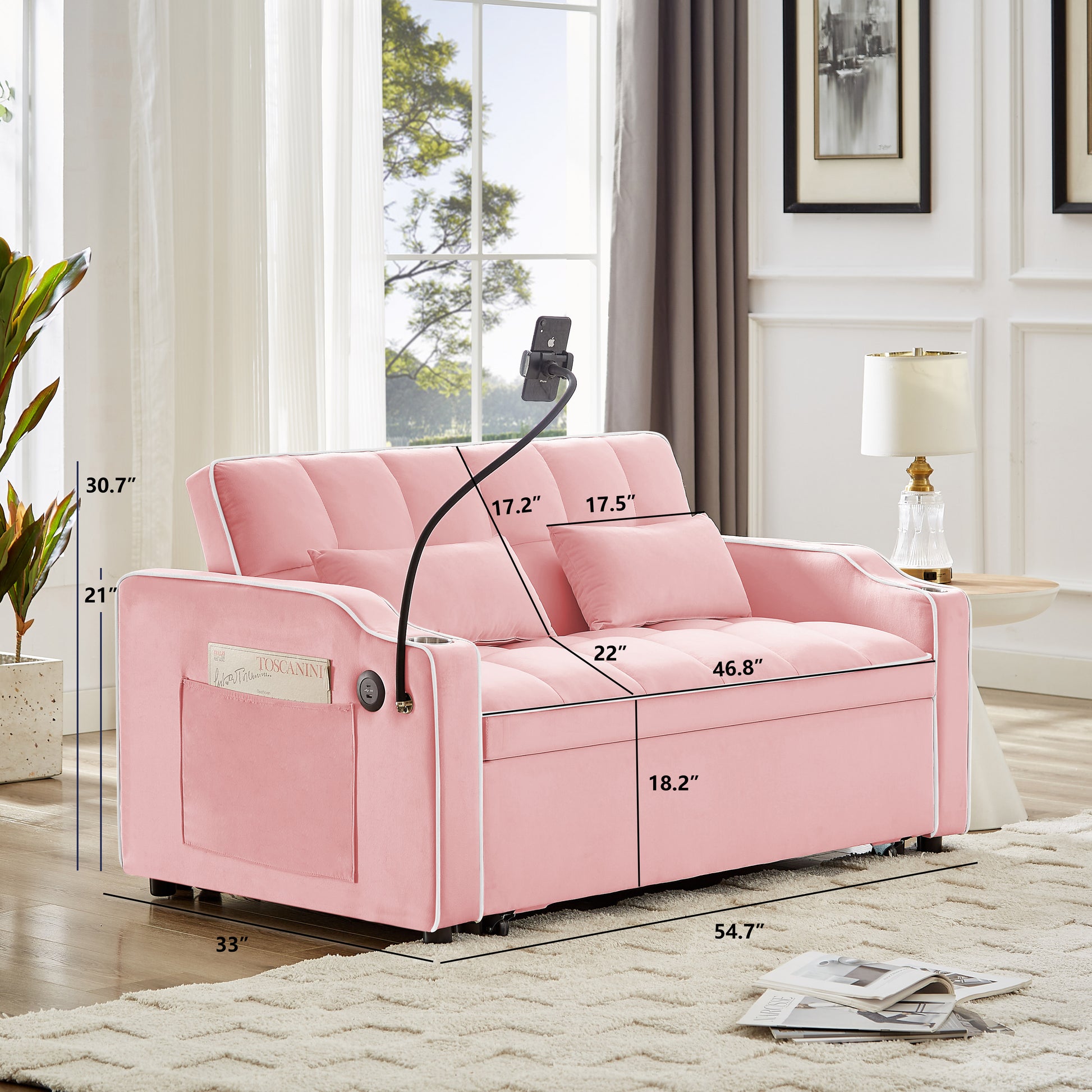 1 Versatile Foldable Sofa Bed In 3 Lengths, Modern Sofa Sofa Sofa Velvet Pull Out Bed, Adjustable Back And With Usb Port And Ashtray And Swivel Phone Stand Pink Pink Solid Wood Mdf Resin 2 Seat