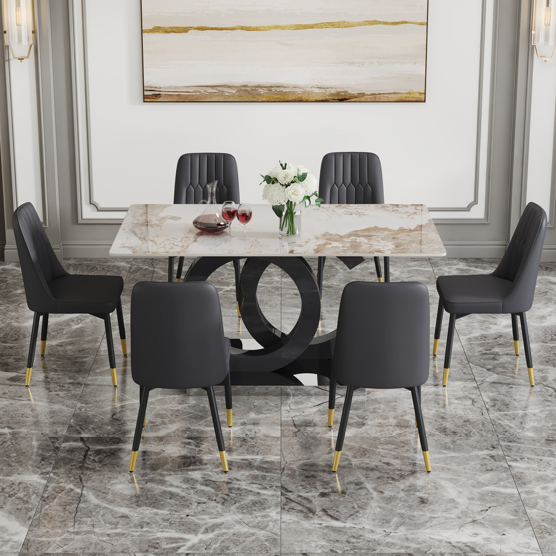 Table And Chair Set.63"X31.5" Marble Pattern Sintered Stone Table With Mdf Oc Shaped Bracket.Paired With 6 Black Chairs With Pu Cushions And Black Metal Legs.Suitable For Kitchen,Dining Room,Etc.