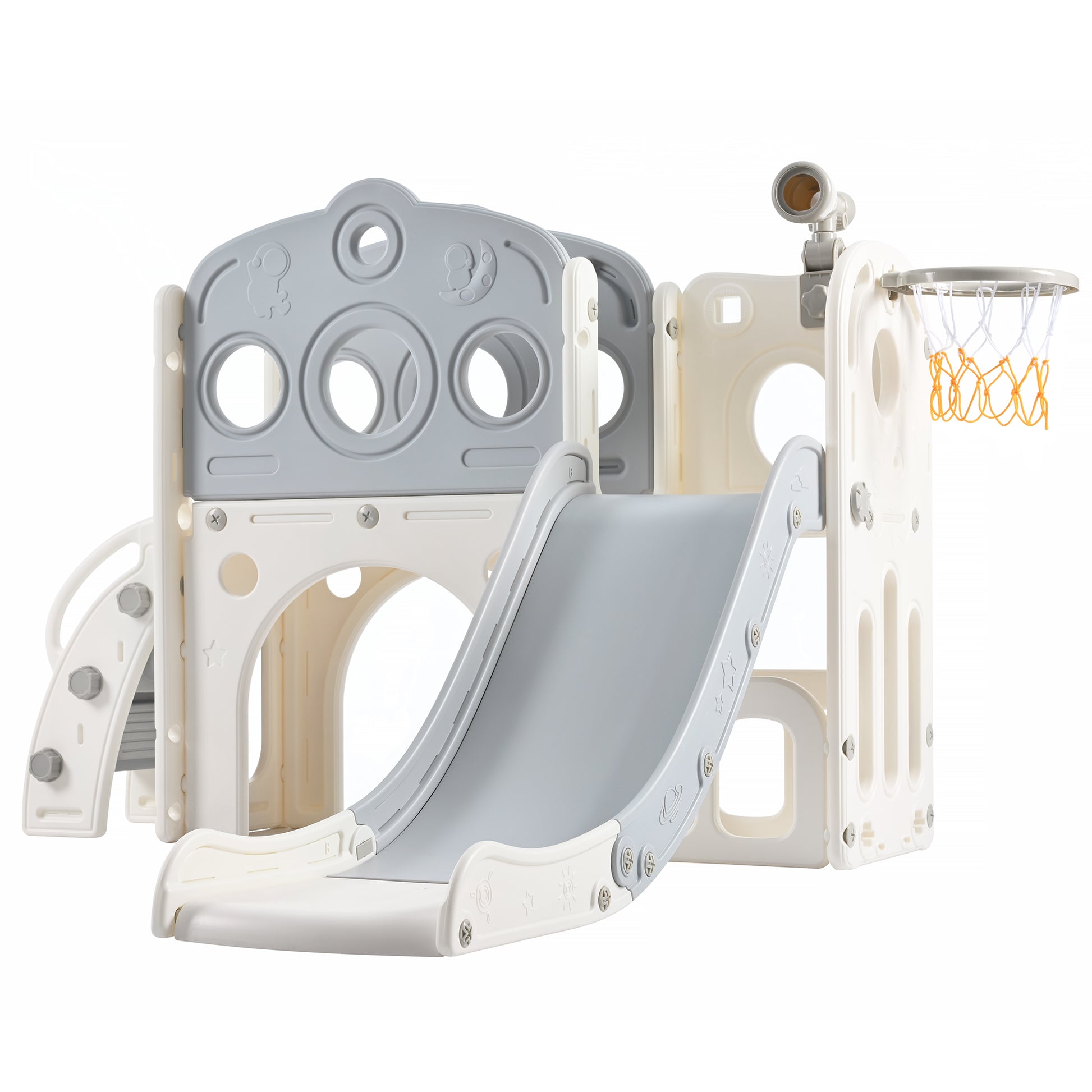 7 In 1 Toddler Slide Set, Freestanding Space Set With Slide, Kids Slide Playset Structure, Arch Tunnel And Basketball Hoop, Toy Storage Organizer For Toddlers, Kids Climbers Playground Grey White 50 99 Lbs Cute 1 To 2 Years Hdpe Indoor & Outdoor Use