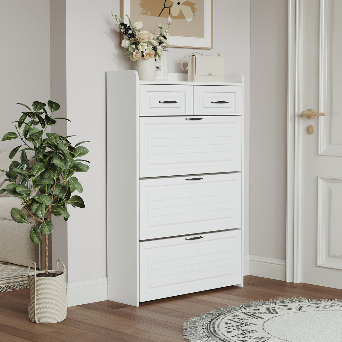 1250 White Color Shoe Cabinet With 3 Doors 2 Drawers,Large Space For Storage White Particle Board Mdf