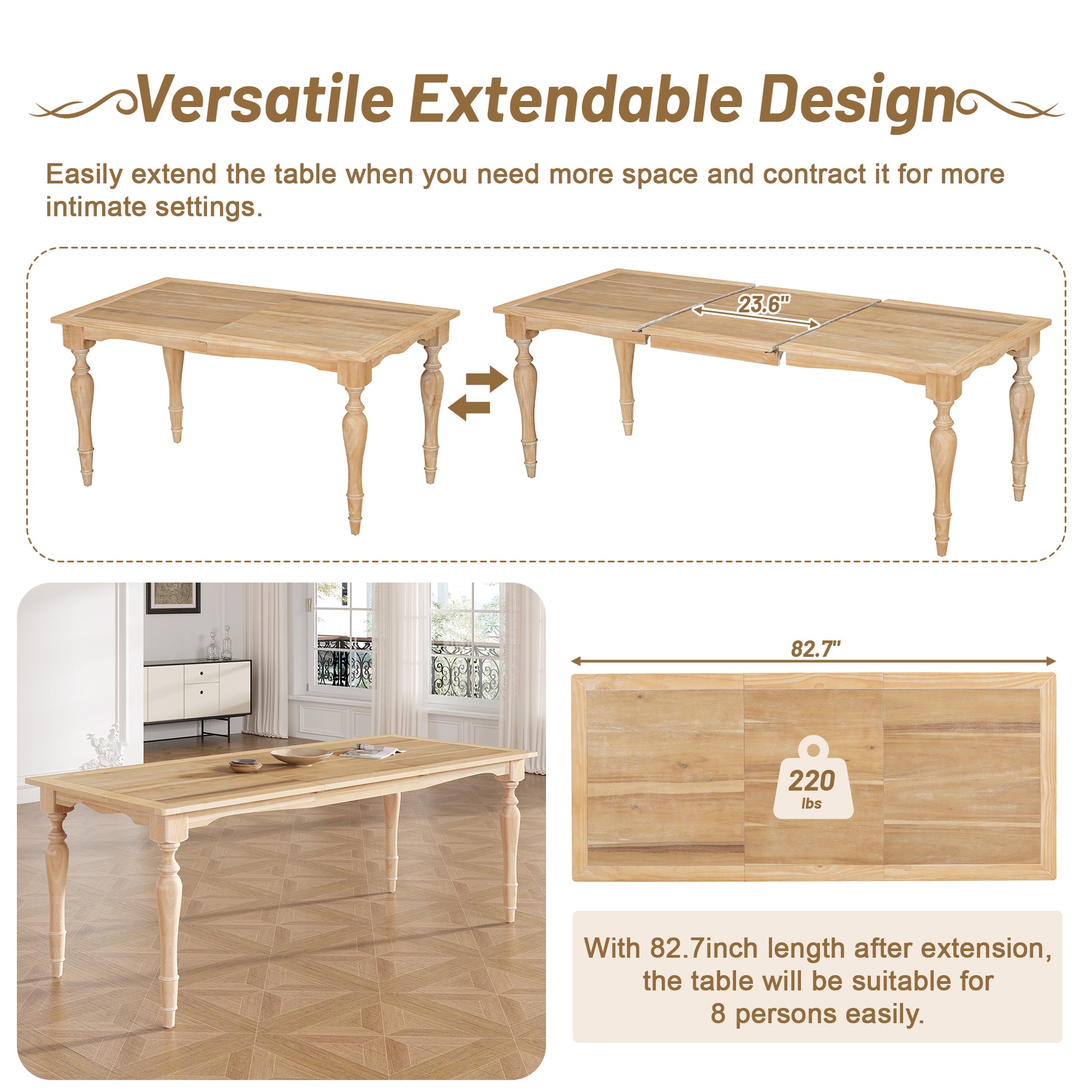 Vintage Traditional 9 Piece 82.7Inch Extendable Dining Table Set With 23.6Inch Removable Leaf And 8 Upholstered Dining Chairs For 8, Natural Wood Dining Room Distressed Finish Rubberwood Rectangular Dining Table With Bench Wood Wood Natural Seats 8