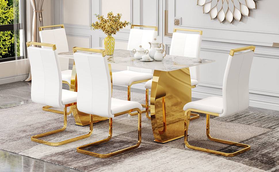 Table And Chair Set, Rock Plate Table Top, Gold Metal Table Legs, Stable And Beautiful, Suitable For Most Home Styles. Modern Simple Dining Table, Comfortable Seating. White Gold Seats 6 Sintered Stone