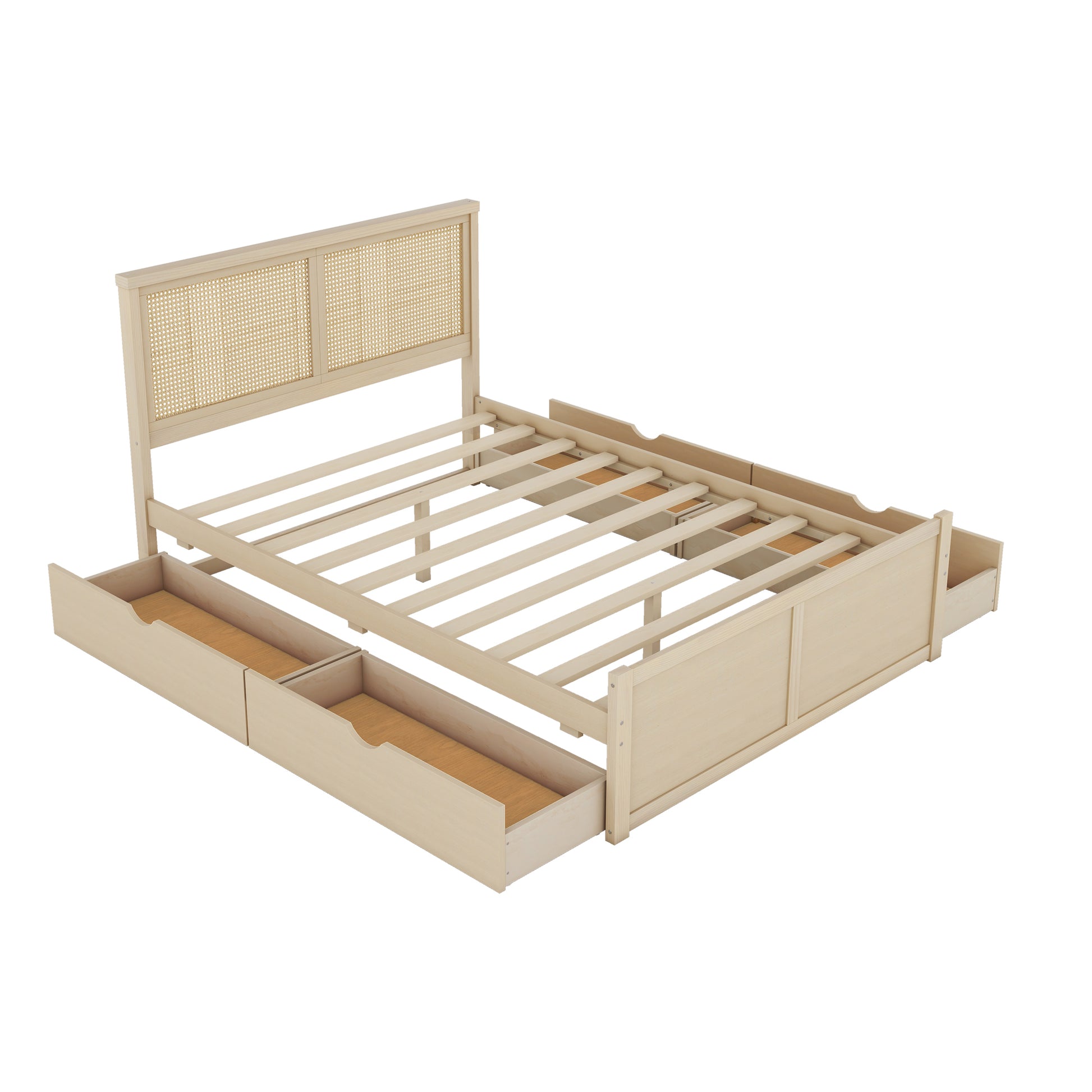 Queen Size Wood Storage Platform Bed With 4 Drawers, Rattan Headboard, Nature Box Spring Not Required Queen Antique Natural Wood Bedroom Bed Frame Wood Rattan