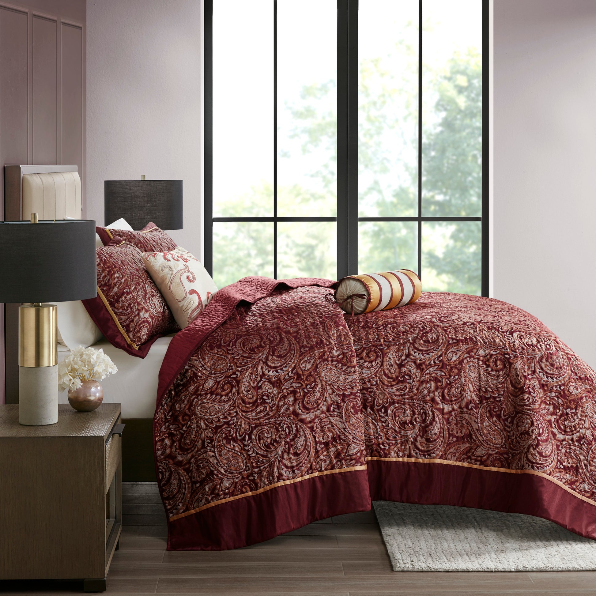 5 Piece Jacquard Bedspread Set With Throw Pillows Burdy Queen Queen Burgundy Cotton